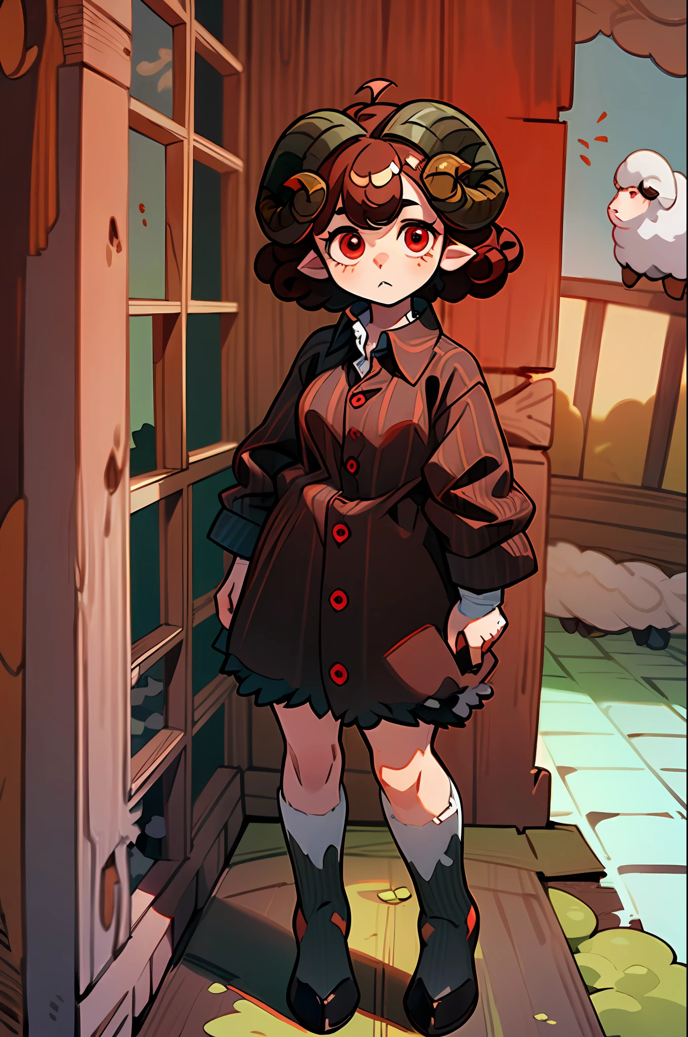 ((Full body):1.5),((9 year old girl /with sheep horns):1.5) ,((brown curly hair):1.2), (wearing red striped button-down shirt :1.4), ((red eyes):1.3), looking at the viewer, in an (old/rustic house),4k,large hips