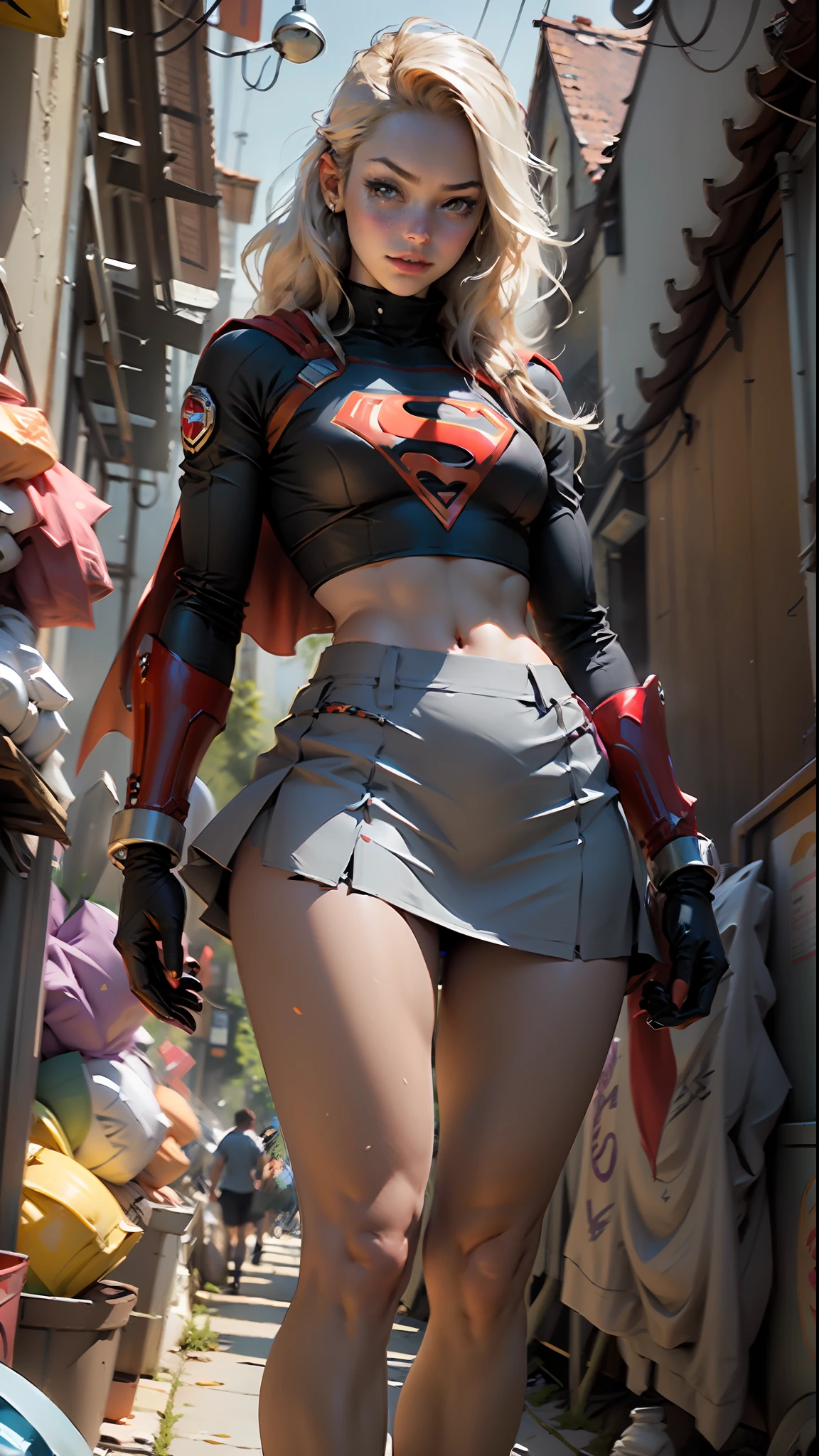 Woman body set thick thighs cybernetic body parts, short skirt, supergirl uniform, thin abdomen