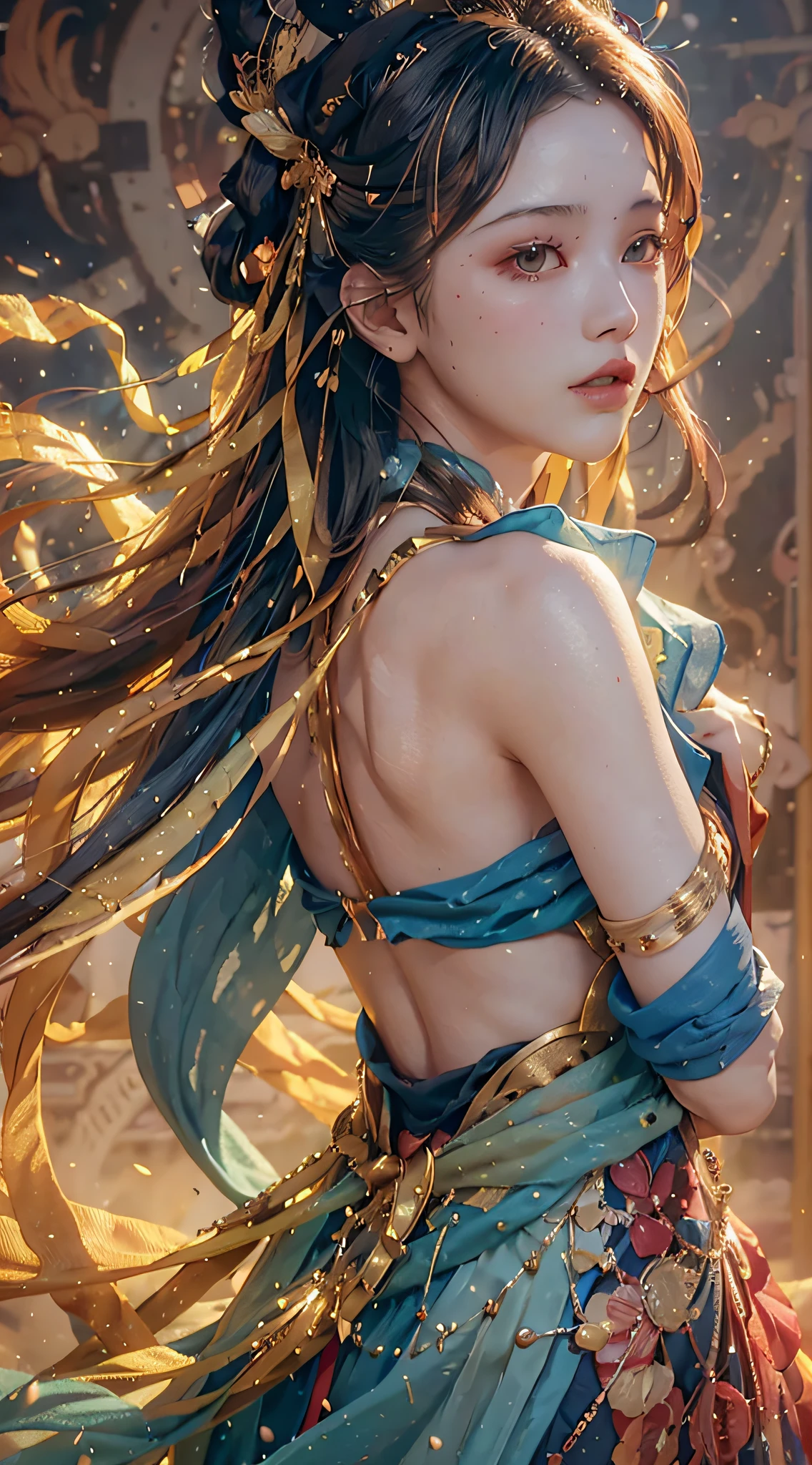 (RAW Photo, Best Quality), (Realistic, Photo Realistic: 1.3), Best Quality, Highly Detailed, Masterpiece, Hyper Detail, Illustration, 1 Girl, (looking_back), Dynamic Angle, World Masterpiece Theater, messy_long_hair, Best Quality, Extremely Detailed CG Uniform 8k Wallpaper, Ink, Amazing, Cinematic Lighting, lens_flare,dunhuang_style