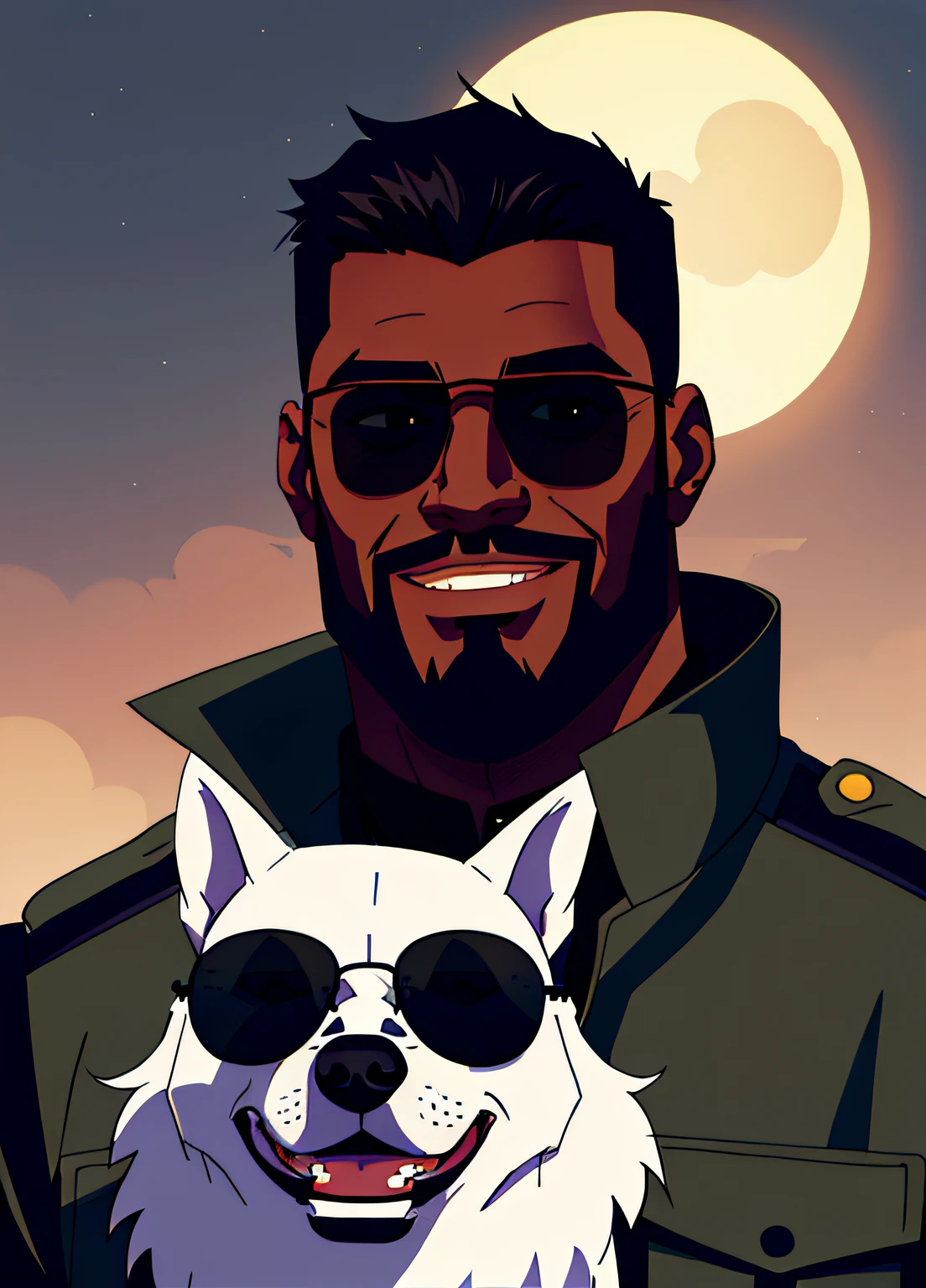 1boy, male focus, military tags, gloves, dog,  jacket, dark-skinned male, dark skin, facial hair, night, beard, smile, sunglasses, portrait, ((masterpiece))