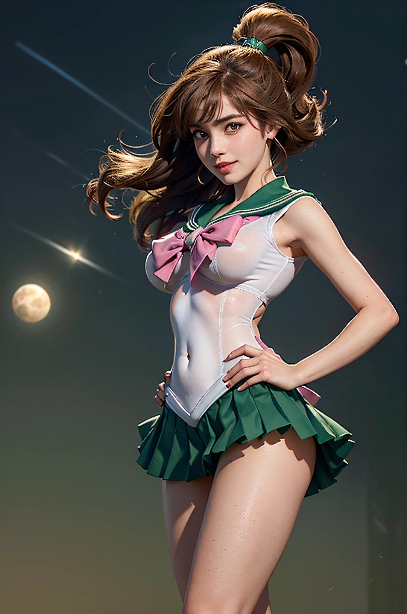 masterpiece, best quality, absurdres, perfect antomy, SMJupiter, SMJupiterOutfit, happy smile,green sailor collar, green skirt, sailor senshi uniform, ponytail, standing, Brown Hair, pleated skirt, green ultra miniskirt, Boots, Pink Bow, close-up, dynamic posture, full body, Dynamic background, Lightning effects,NSFW, perfect breasts, (clear erect nipple silhouette: 1.8), (camel toe: 1.2), dynamic pose, spreading legs, (pubic hair ultra detailed clear silhouette: 1.8), (pubic hair focus: 1.2), navel