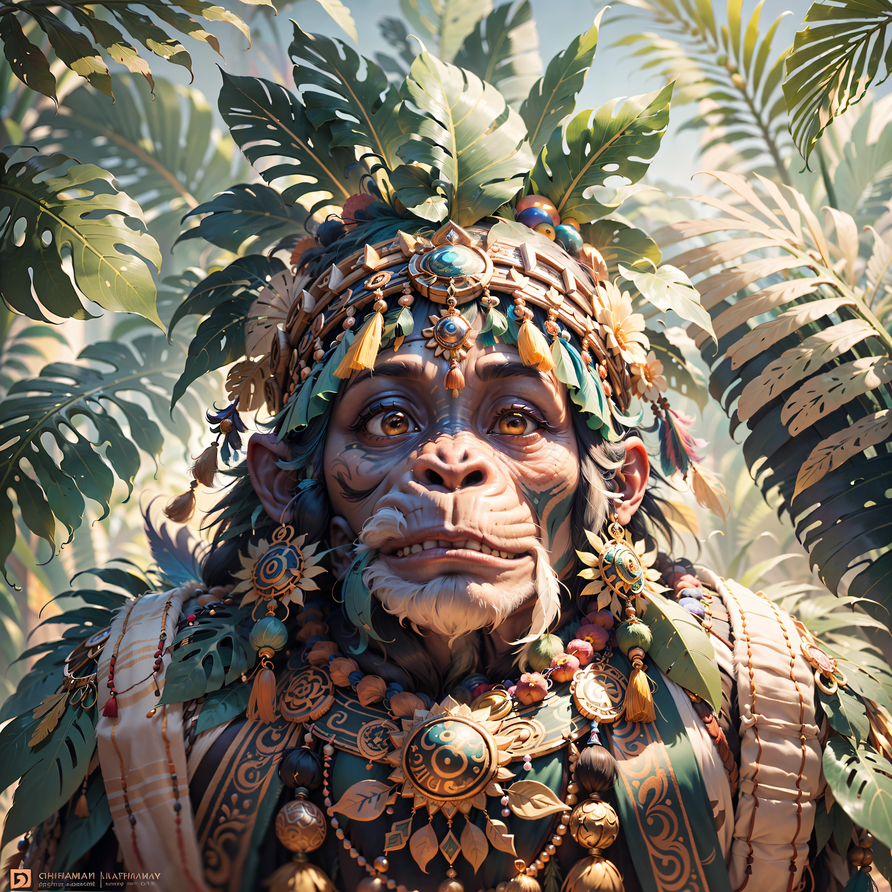 Cheerful Chimpanzee Head ((Shaman)),,((meditative state),,Shaman, elegant chimpanzee, body with detailed hair, with Indian headdress on head, ((meditating)) many colorful feathers, colorful feathers, facing the camera, detail: dense tropical foliage, highly detailed intricate, ((masterpiece)), ultra hyperrealistic, masterpiece