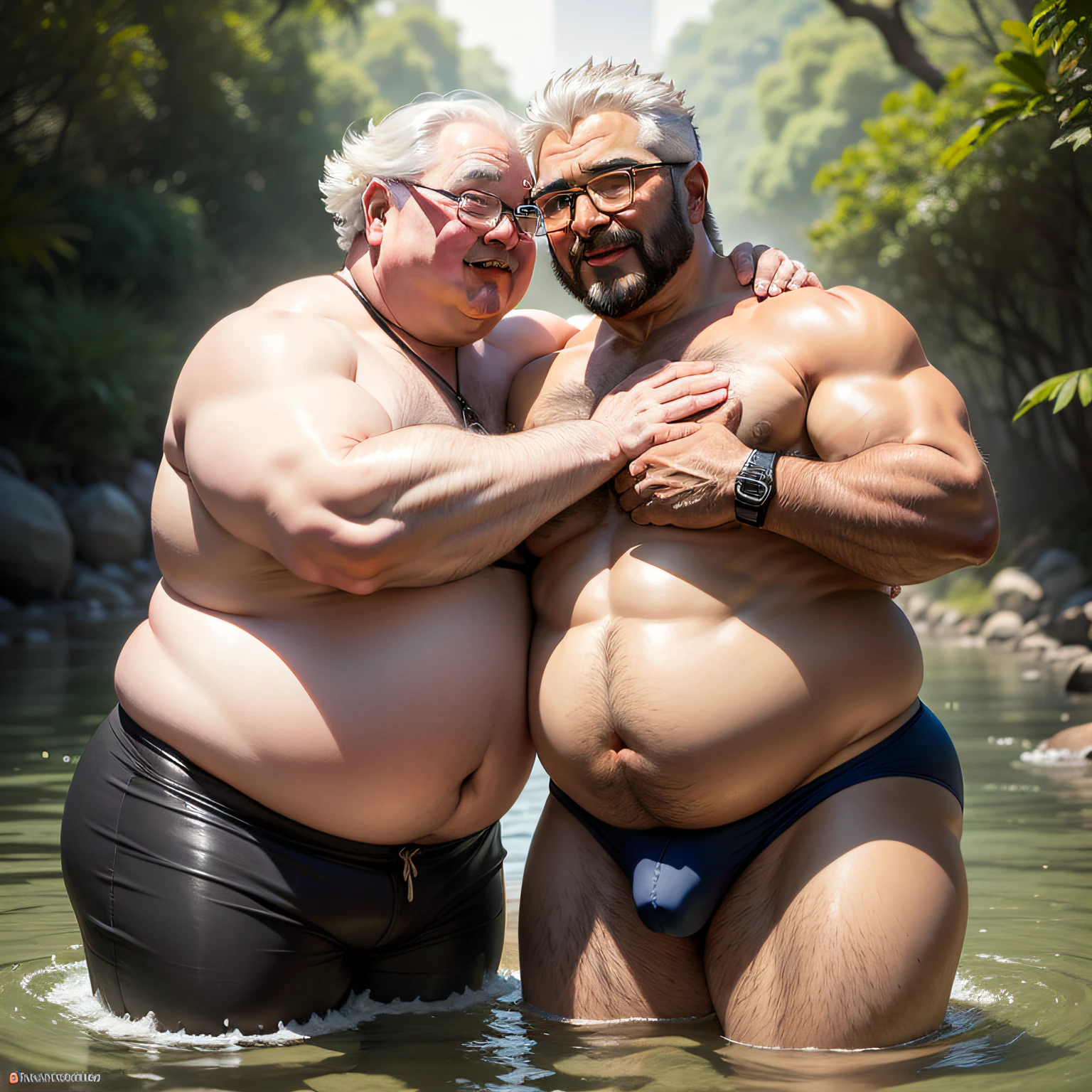 Two old men who are ridiculously fat hugging each other in the small river and kissing each other, both of them are wearing only a pair of erotic panties, their lower bodies are soaked under the surface of the river, the water in the small river is crystal clear, through the surface of the water can faintly see their lower body, the background is the deep jungle in the river, the golden ratio body, the outrageously fat body, the outrageously strong body, the ridiculously fat belly, firm buttocks, the state of excitement, the excited body, the outrageously large crotch, the crotch details are clear, The crotch is bright, the details of the face are clear, all are male, all are ridiculously fat, all are elderly, all have white hair, old faces, all have fat faces