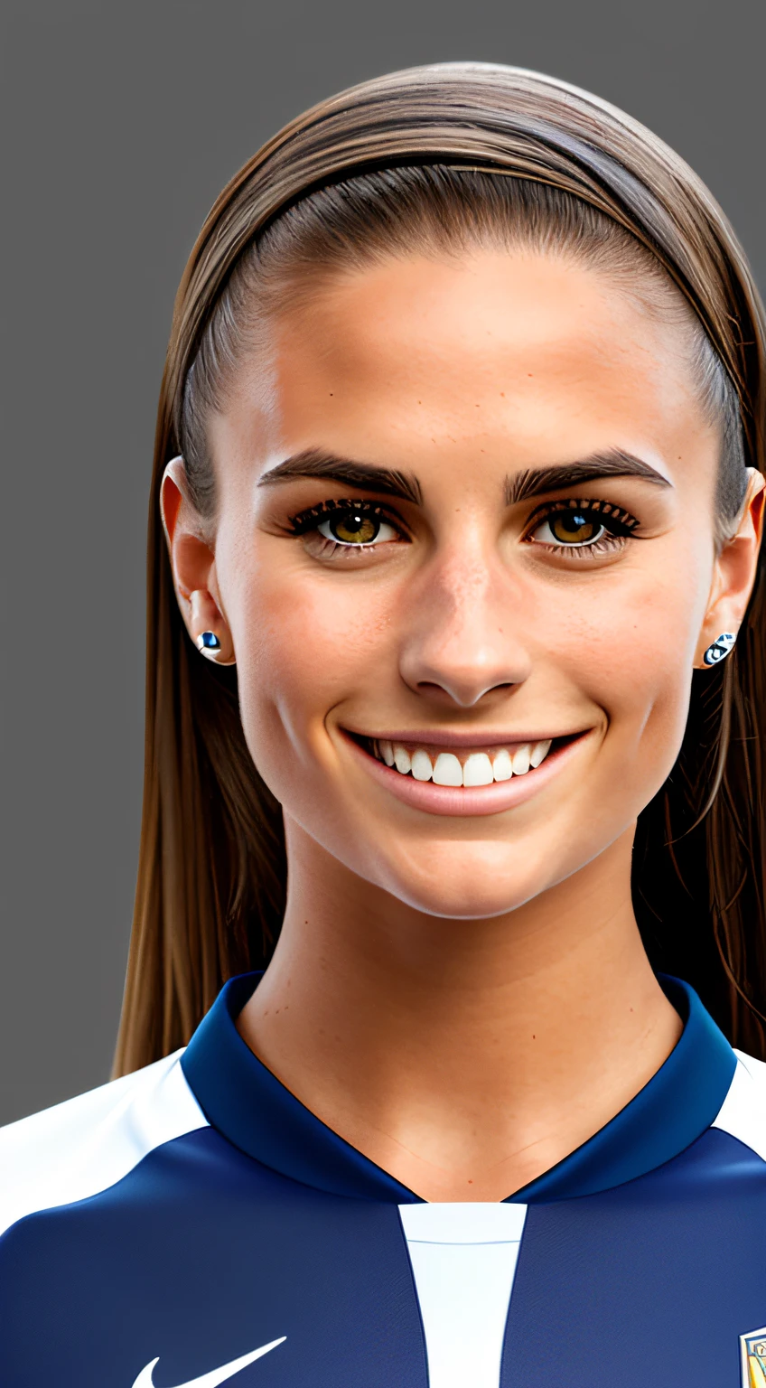 1woman, very Alex Morgan, simple shirt no-logos, without-logos, beautiful skin, smile, serious, confident, convincing, portrait, front look, 4k, high-res, best quality, illustration --auto