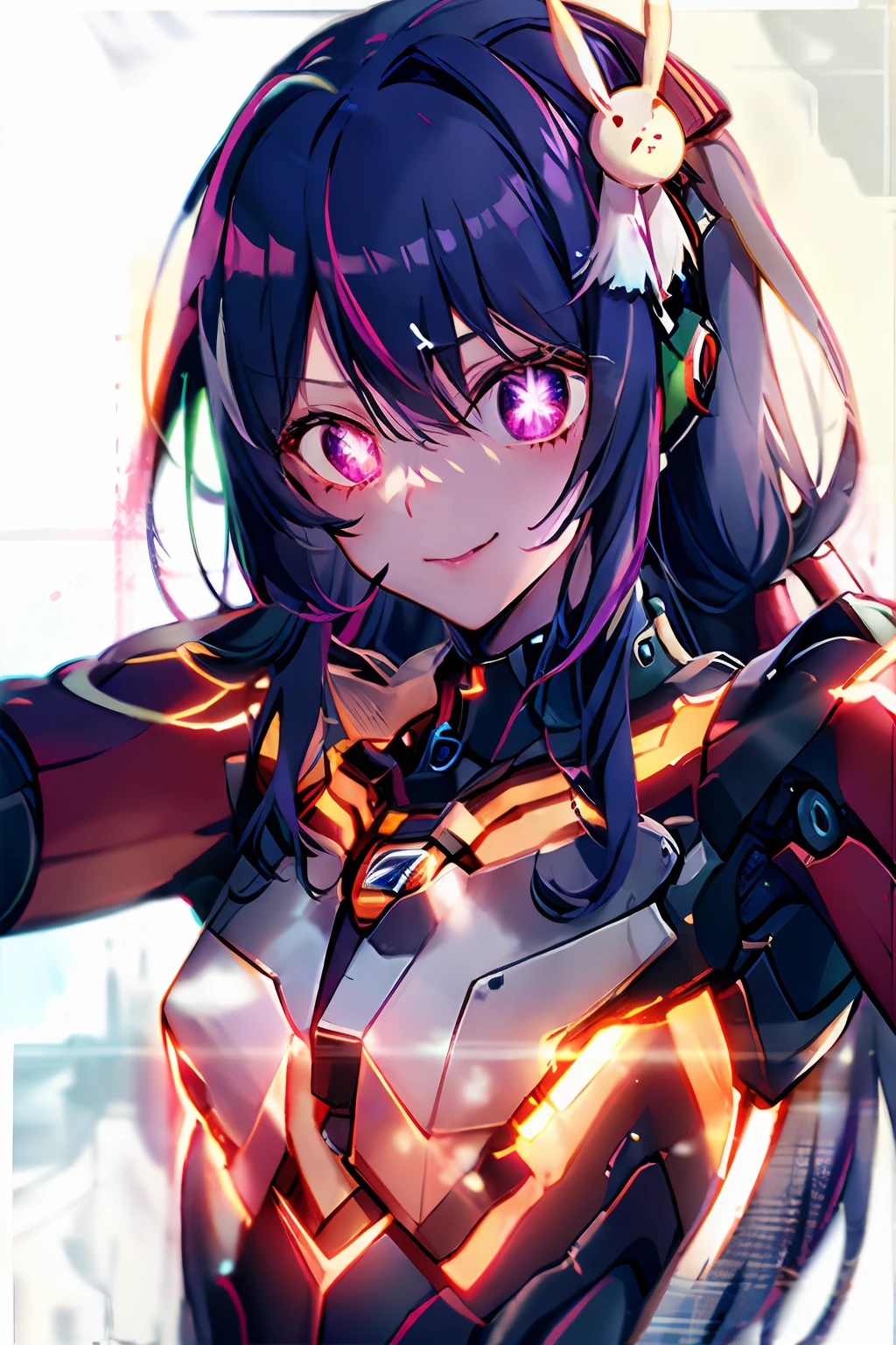 robot
cyborg Hoshino Ai, long hair, purple hair, streaked hair ,purple eyes, star-shaped pupils, hair ornament,