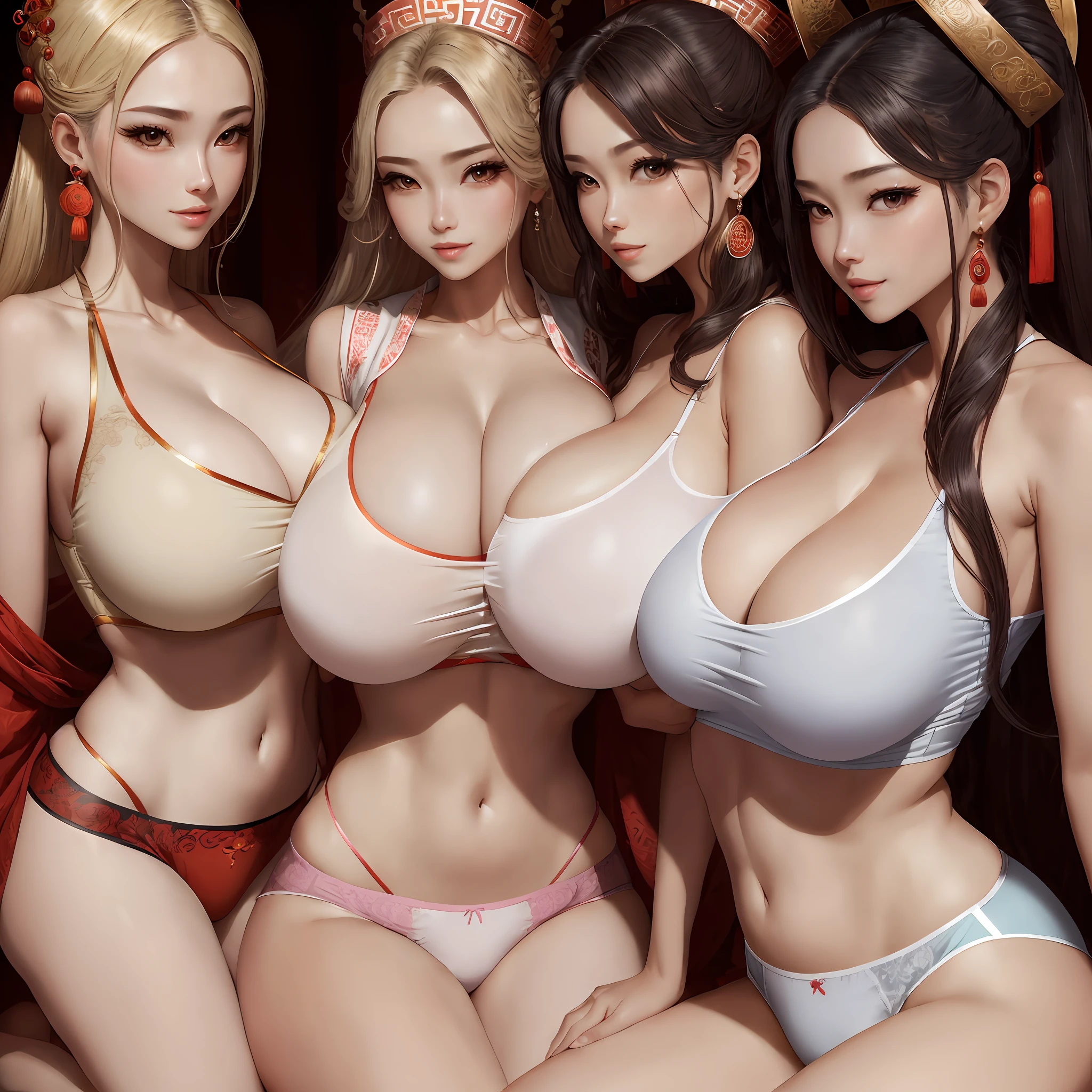 (Huge breasts: 2.8), super white skin, masterpiece, ultra real 8kCG, glossy skin, beautiful face, pure face, fair skin, long hair, shiny skin, skin dents, (Facial details: 1.0), (Faceless beauty: 1.1), (Beauty breast grabbing: 1.1), (Clear shirt: 1.4), (Open shirt), (Huge breasts: 2.8) Light clothes, sleeveless, huge breasts, tall breasts Close-up of five women kneeling on bed posing for photos, surreal full-body figure, beautiful and detailed body and face, gorgeous figure, high ponytail, clear, smiling, moaning, provocative, surreal full body figure, beautiful and detailed body and face, super vista, fair skin, bright colors, gorgeous headdress, colorful clothes, ancient Chinese style underwear, --auto