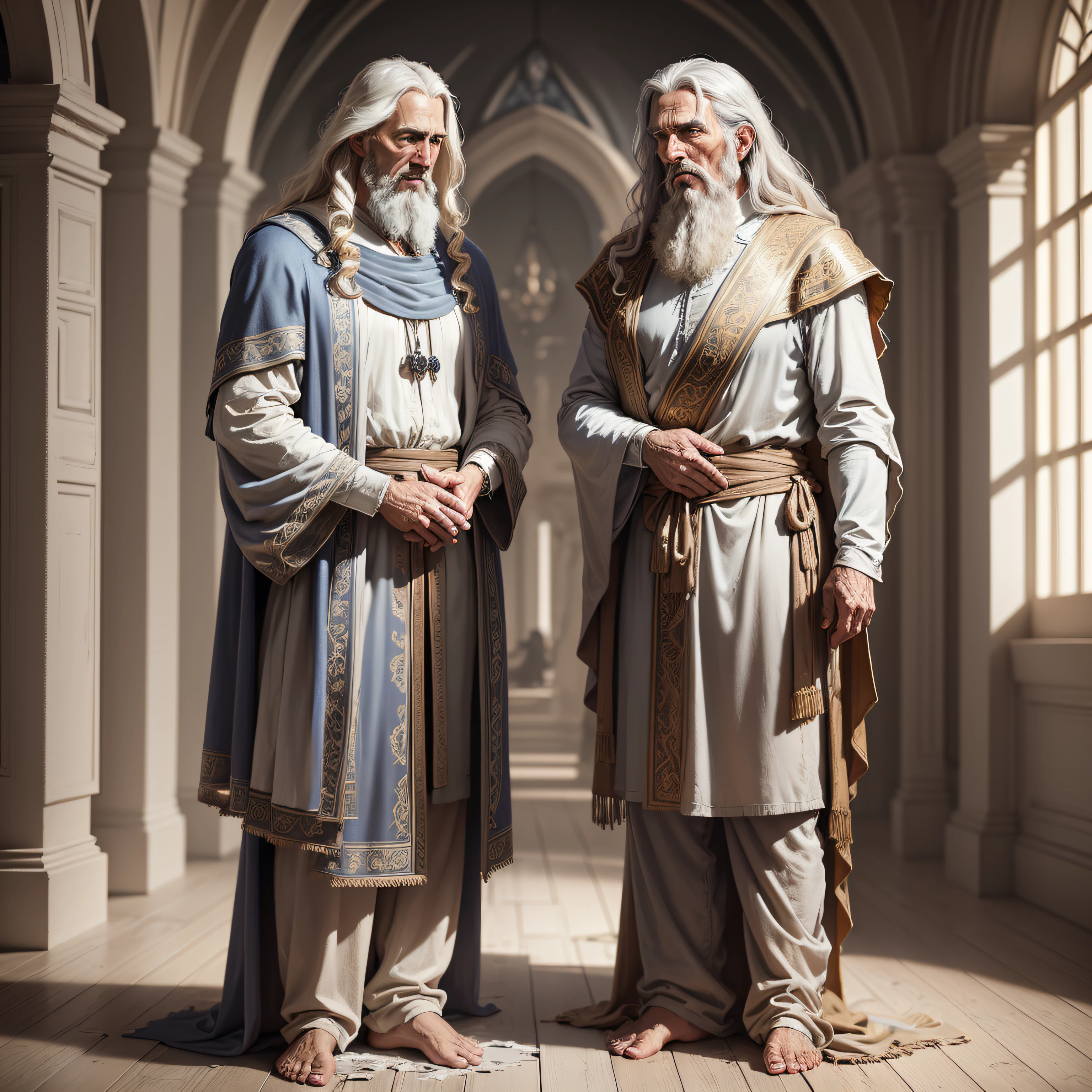 modelshoot style, (extremely detailed CG 8k wallpaper), ((full body photo)), two apostles of Jesus Christ: Peter Paul and John, talking, standing, barefoot and wearing gray and old and torn covers, majestic professional oil painting by Ed Blinkey, trend in ArtStation, Intricate, High Detail, sharp focus, dramatic and photorealistic painting art --auto --s2