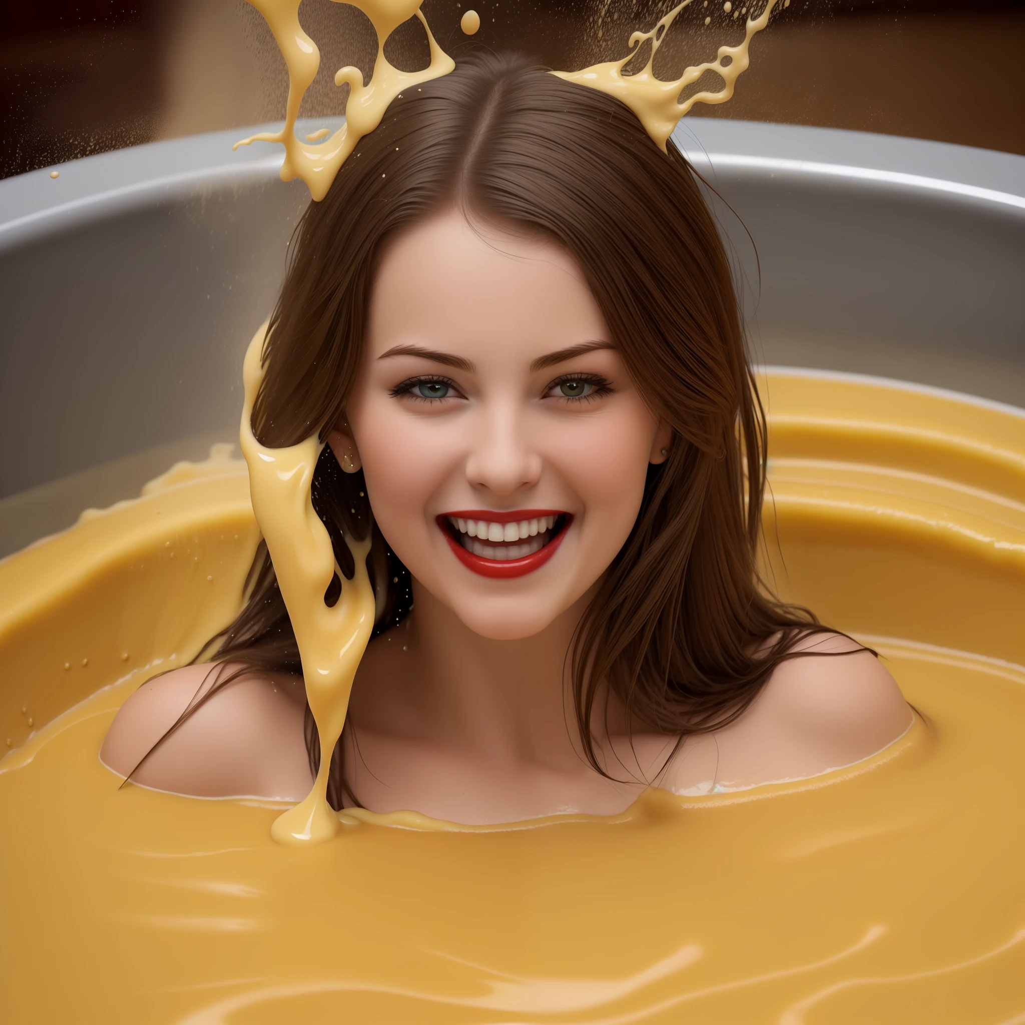 Photo realism, 8k, detailed, a hot tub full to the brim with yellow custard, thick yellow liquid fills the hot tub, a beautiful sexy woman is sitting in the hot tub, wearing a smart navy shirt, aged 22, pretty, perfect face, (make up, red lips), (dark brown hair, beautiful long brown hair, salon beautifully styled hair), ((laughing as large quantities of custard pours onto her head and hair)), she is engulfed in the thick yellow liquid