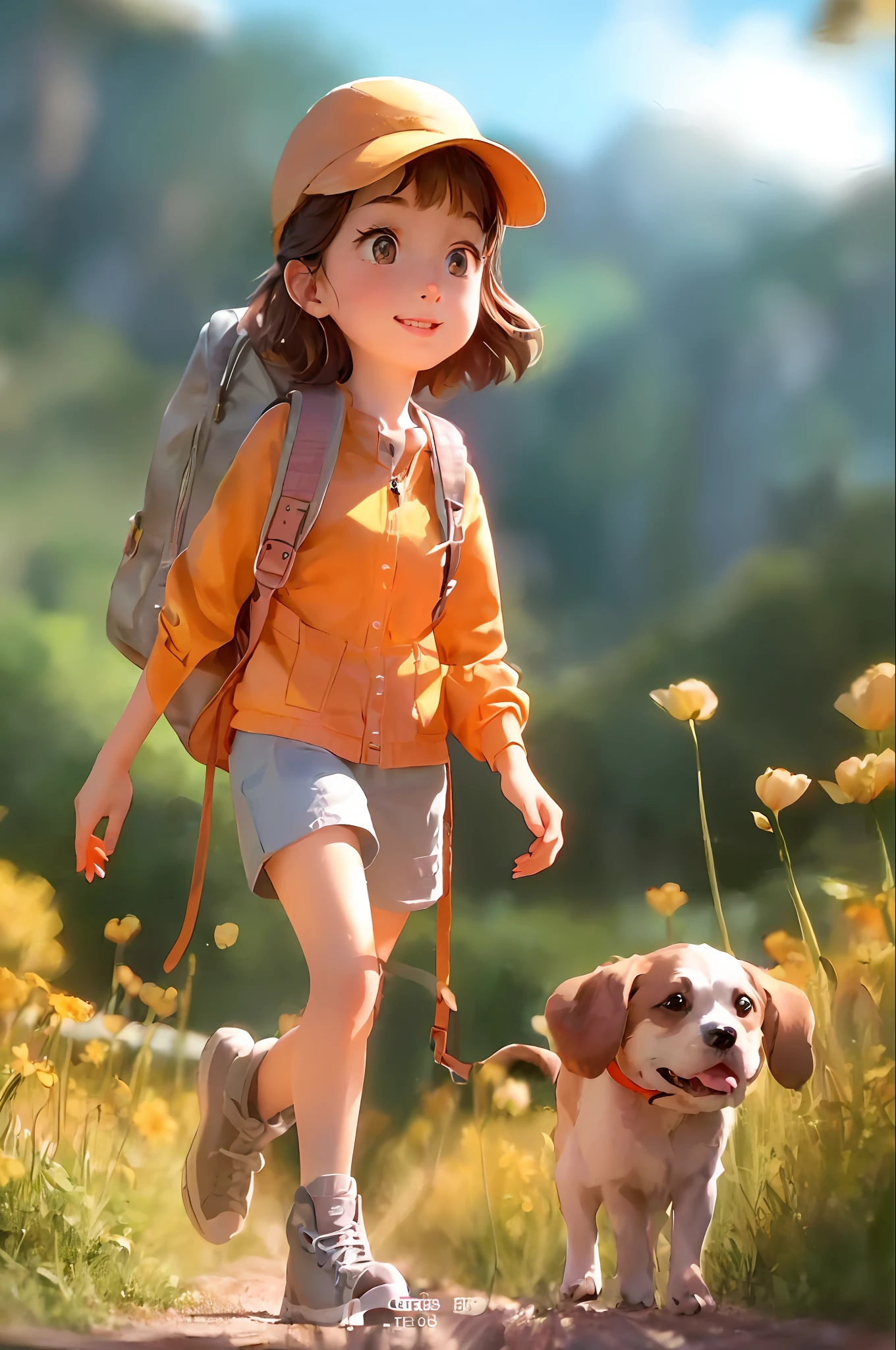 Tip: A very charming with glasses, backpack on her back, with her cute little dog, enjoy a cute spring outing surrounded by beautiful yellow flowers and nature. The illustration is a high-definition illustration in 4K resolution with highly detailed facial features and cartoon-style visuals.