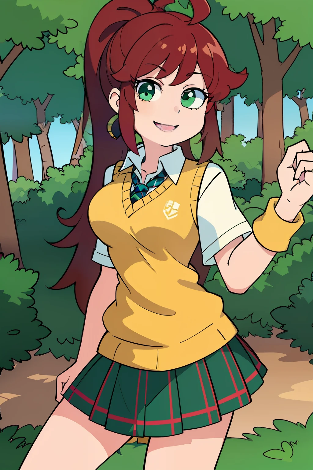 light smile, Schoolgirl attire, white blouse with yellow sweater vest, green striped tie, red plaid skirt and black boots with white buckles, forest green eyes and ashy hair in a twin ponytail