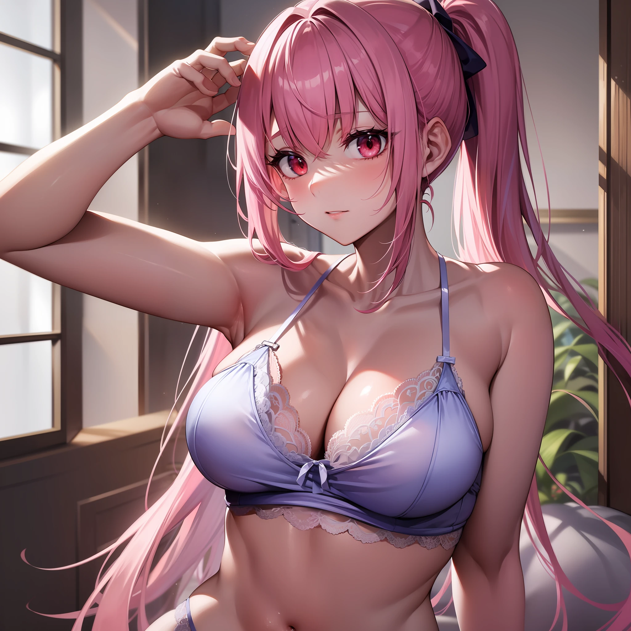 Masterpiece, Solo, Slender face, Long eyelashes, Elongated, (Straight hair : 1.3), (Red eye: 1.3), (Pink hair White mesh: 1.2), Large cleavage, Slim, Angle from the side, (High ponytail: 1.3), Bukabuka T-shirt, Light blue lace sheerie lingerie, Embarrassing, Mansion