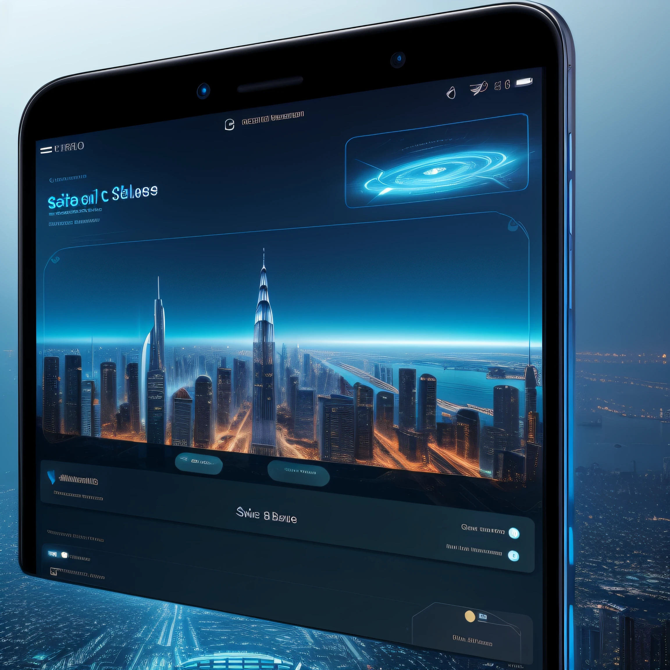 Create a photo-realistic futuristic sci-fi user interface design with shades of blue, black, and silver. Incorporate elements such as a cityscape, holographic interface, sci-fi technology, and virtual reality