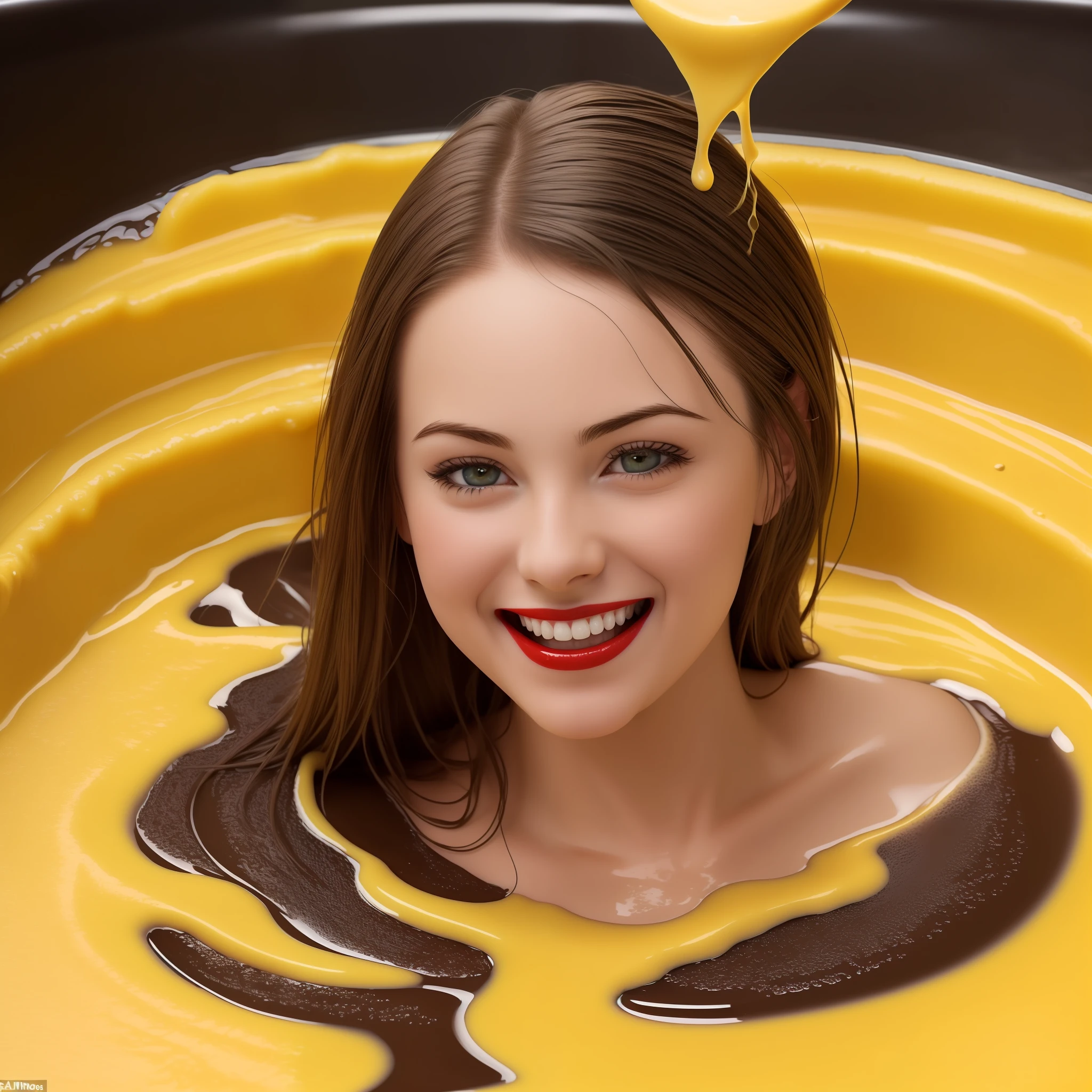Photo realism, 8k, detailed, a hot tub full to the brim with yellow custard, thick yellow liquid fills the hot tub, a beautiful sexy woman is sitting in the hot tub, wearing a smart navy shirt, aged 22, pretty, perfect face, (make up, red lips), (dark brown hair, beautiful long brown hair, salon beautifully styled hair), ((laughing as large quantities of custard pours onto her head and hair)), she is engulfed in the thick yellow liquid