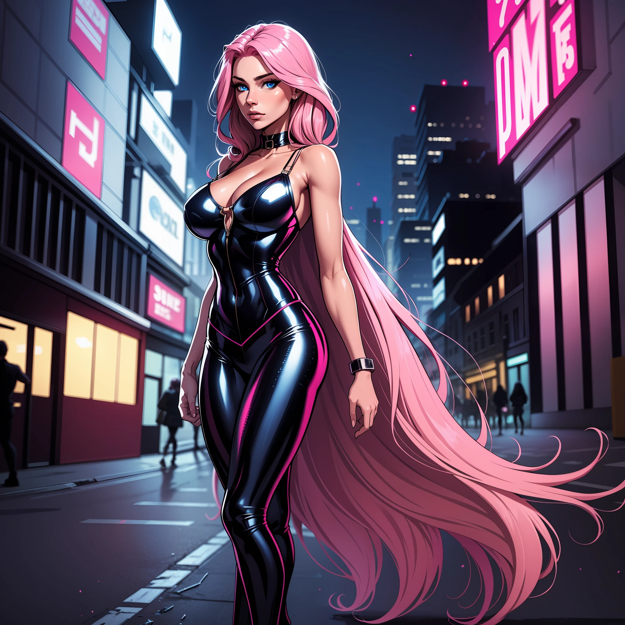 A woman, pink hair, long hair, blue eyes, heroine costume, in an empty city