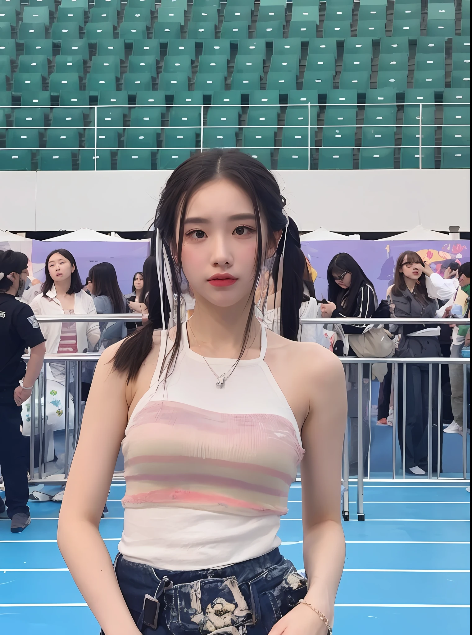 ((Midnight, Best quality, 8k, Masterpiece :1.3)), Whole body, Long legs, Sharp focus :1.2, A pretty woman with perfect figure :1.4, Slender abs :1.1, ((Dark brown hair, Big breasts :1.2)), (White tight tshirt, Jean bib, Standing:1.2), ((Night city view, Rooftop:1.3)), Highly detailed face and skin texture, Detailed eyes, Double eyelid, sunset, darken, backlit, off shoulder