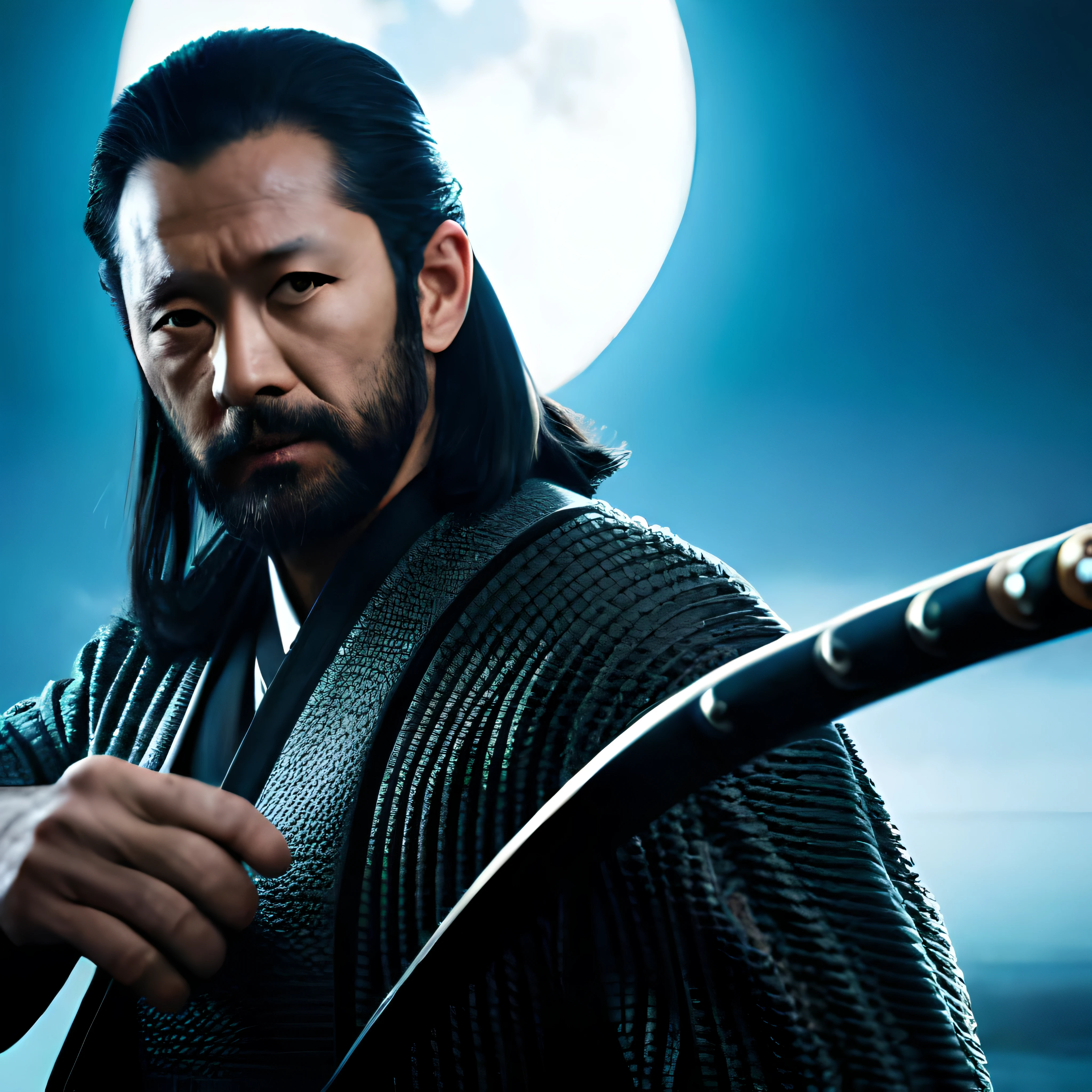 arafed man with long hair holding a sword in front of a full moon, inspired by Kanō Sanraku, inspired by Kanō Hōgai, as samurai, miyamoto musashi, portrait of a samurai, holding katana, portrait of a samurai warrior, portrait shot, inspired by Kanō Shōsenin, japanese samurai