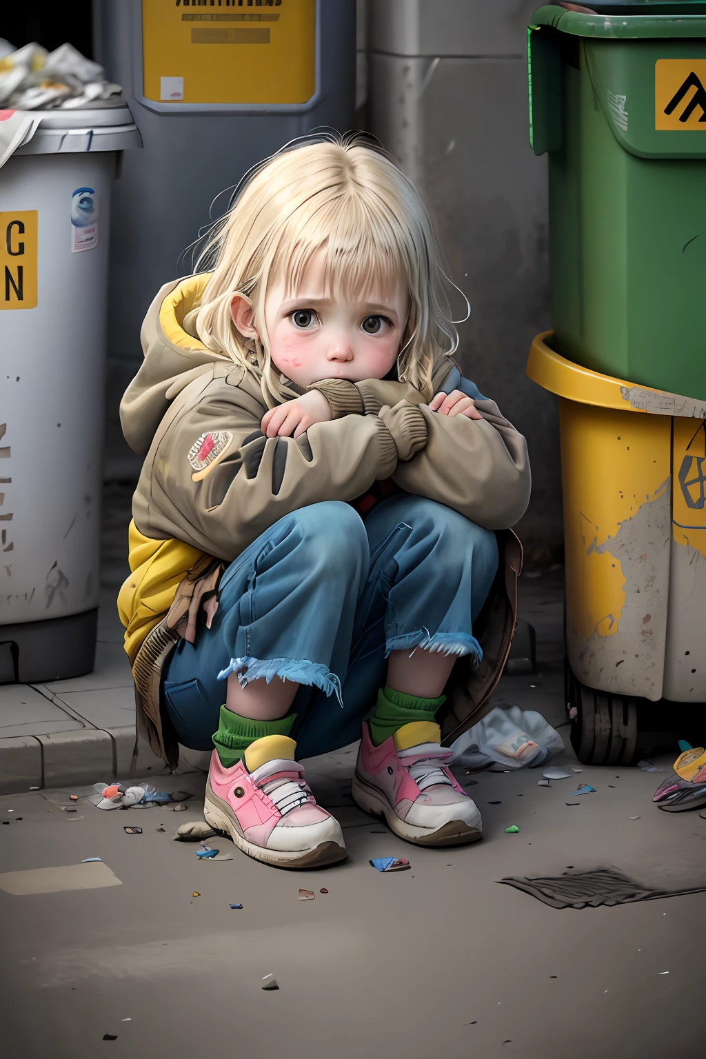 A *********** in very tattered clothes and poor, squatting on the ground selling matches in the cold night, well, poor eyes, on the street, tattered shoes, dirty, a lot of dust, next to a super huge cute yellow-haired cat to accompany her, next to the garbage can, dirty street, garbage truck