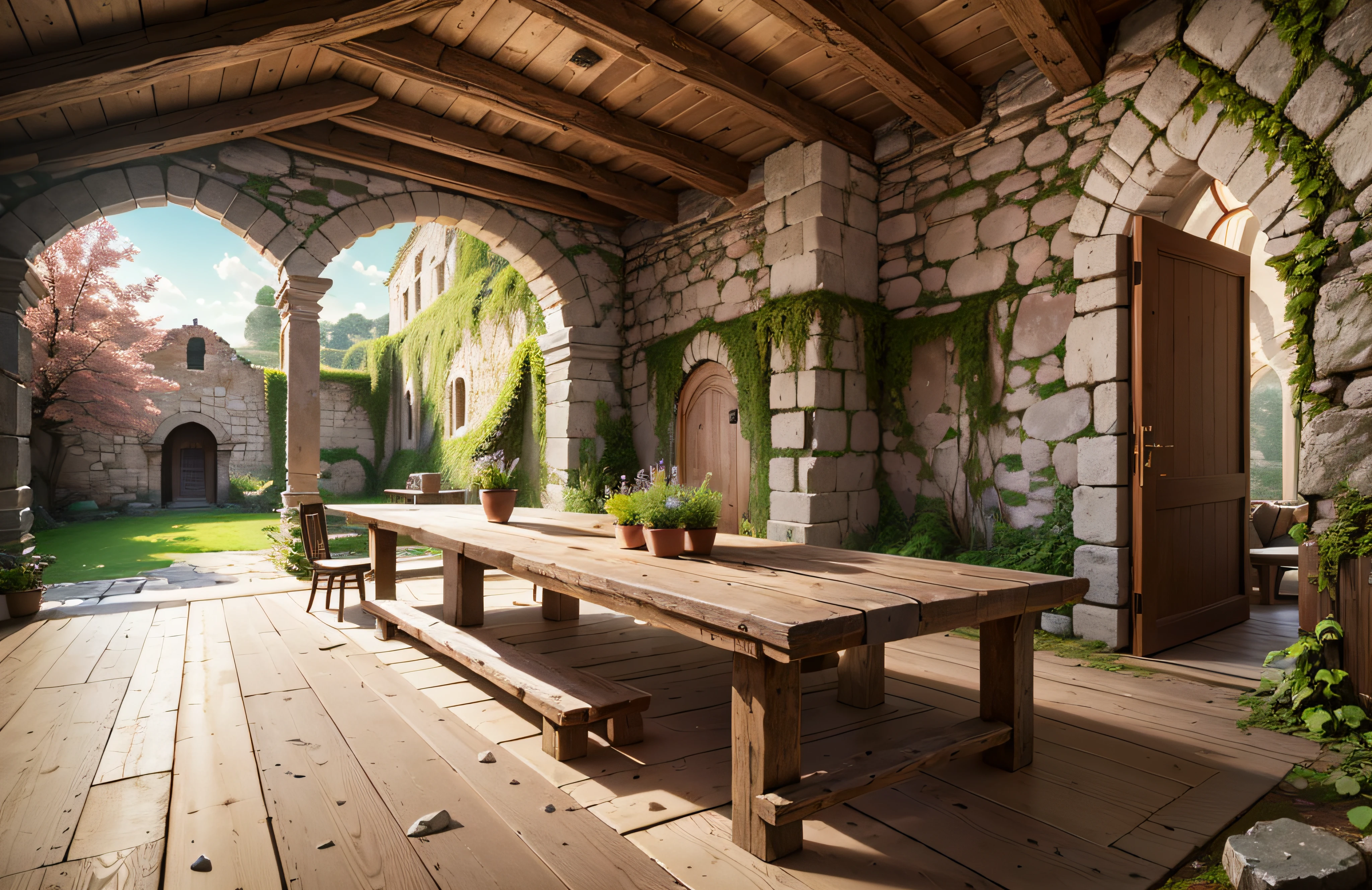 modelshoot style, (extremely detailed CG 8k wallpaper), in the center of the room a wide and long wooden table with food scraps, An old and wide room, with stone walls and little high, without ceiling, at the back of the room there are Roman stone arches in ruins open to a garden --auto --s2