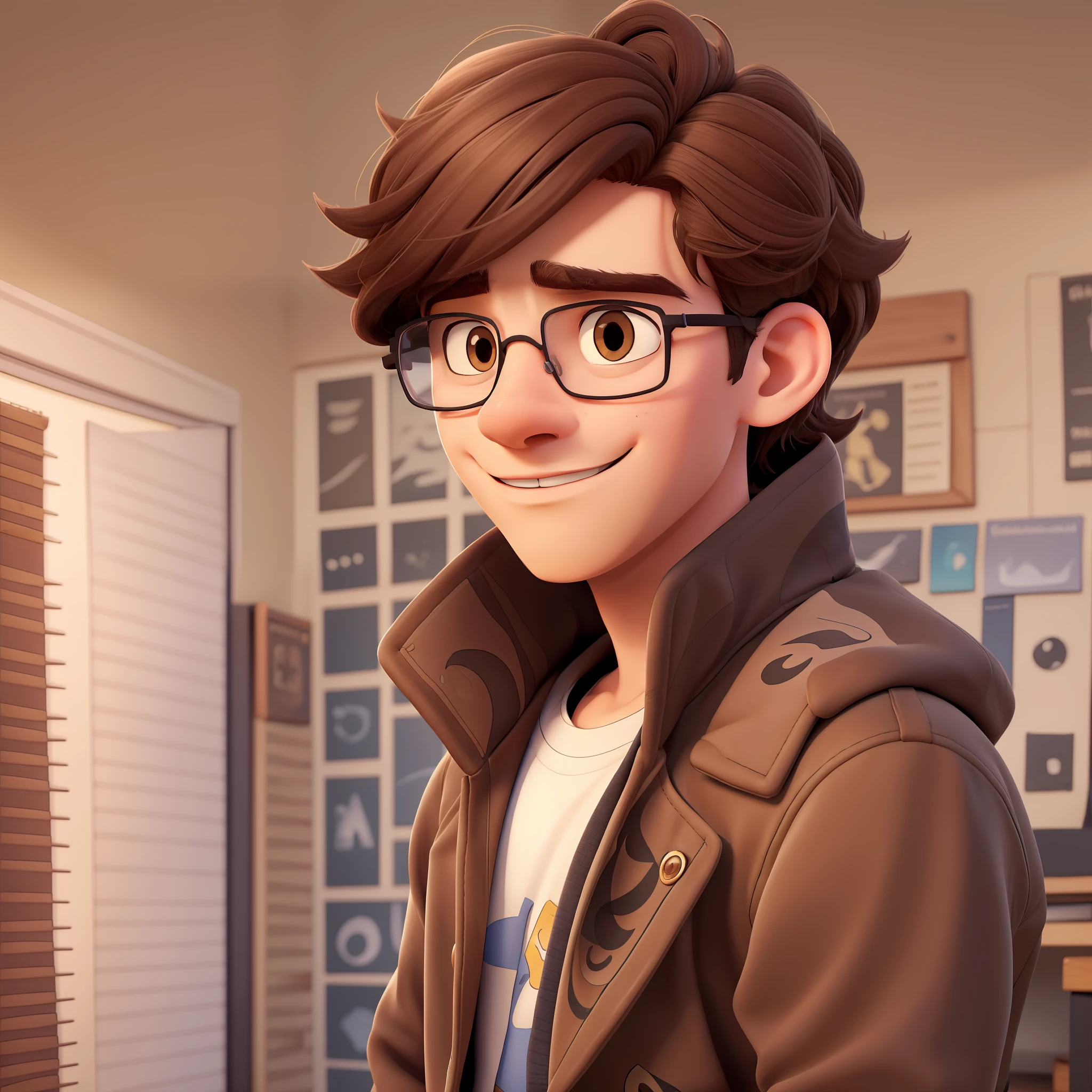 Visual character,hand-drawn and hand-painted comics,animation,cinematic,soft aesthetics with room for contrasts,use the color black in a reserved way,A young man wearing glasses and a brown jacket,about 18 years old,short wavy brown hair,brown eyes,3d animation.
