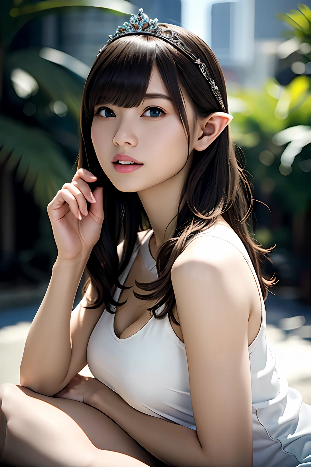 Ultra-detailed complex 3D rendering of the face, (Colossal: 8.8), (masterpiece, top quality, octane rendering, 8K), glamour shot full body image, very beautiful young elf, cleavage, (very detailed skin: 1.2), (exposure: 1.1), (blonde elf)))), (wearing a plummeted tank top of white silk: 1.5)), , Beautiful Caucasian woman with big buttocks full soft breasts and white skin, one, long braided hair, big breasts, dynamic angle, mystical expression, ultra-realistic photos, (((((portrait)))), bare feet, futuristic urban background, facial muscles, detailed and beautiful queen tiara, in the style of Marvel Comics, ArtStation trends, clear focus, studio photography, intricate detail, highly detailed, detailed yellow eyes, sharp focus, digital rendering, professional, abs, shot with Canon EOS R 6, natural jungle, open mouth lightly (sexy pose))),