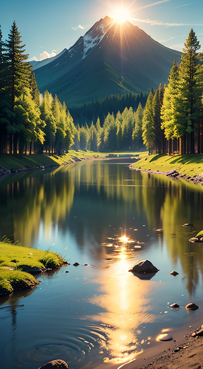 magine a tranquil landscape, with the presence of water, such as a serene lake or a calm river. The sun glows softly, creating golden reflections on the surface of the water. The landscape itself is stunning, with towering mountains in the background and lush green trees on the banks. In this scene, you can feel God's presence in many ways. First, water itself symbolizes life and renewal, as a source of purification and refreshment. It represents the presence of God, who offers comfort and restoration to our weary souls. The natural beauty of the landscape is also a testimony to the divine presence. The harmony of colors, the serenity of the environment, and the perfection of creation remind us of God's wisdom and goodness. This landscape invites you to contemplate the greatness and majesty of God, feeling small before his magnificence. In addition, the tranquility and serenity of the landscape provide an environment conducive to communion with God. You can feel His presence through comforting silence and peaceful surroundings. It is a reminder that God is always present, even in the calmest and quietest situations. In this watery landscape, God's presence is palpable. It is a scene that invites you to connect with the divine, to find peace, and to strengthen your faith as you contemplate creation and reconnect with the Creator. --auto