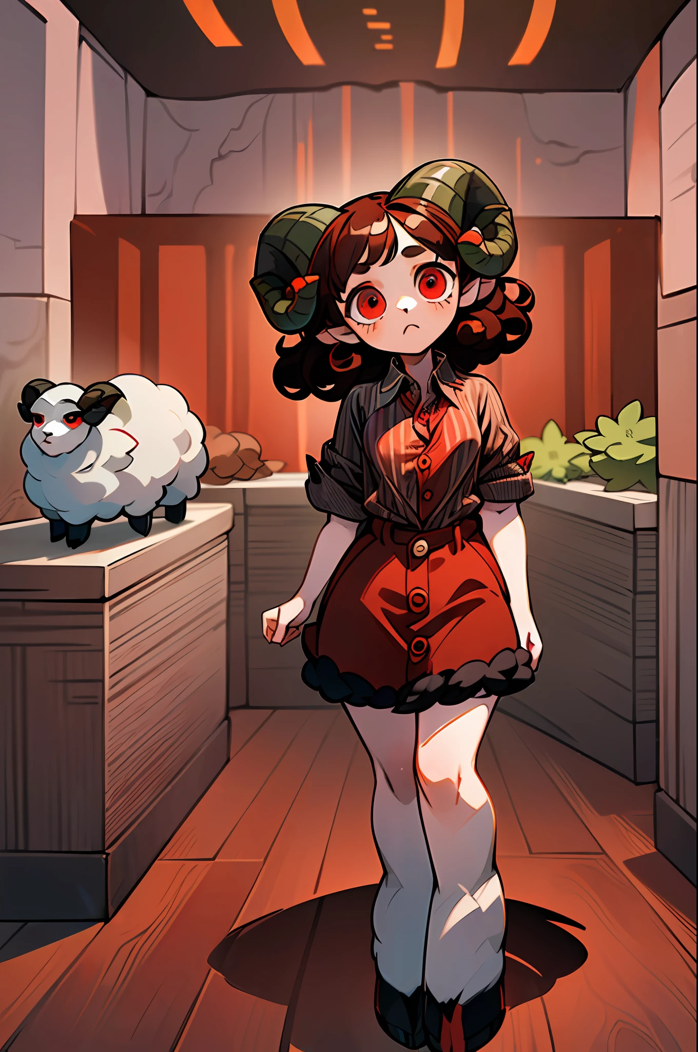 ((Full body):1.5),((9--old l /with sheep's horns):1.5) ,((brown curly hair):1.2), (wearing red striped button-down shirt:1.4), ((red eyes):1.3), looking at the viewer, in a (new/modern house),4k,large hips