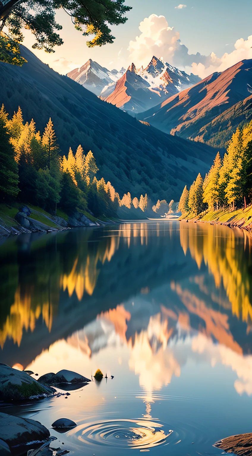 magine a tranquil landscape, with the presence of water, such as a serene lake or a calm river. The sun glows softly, creating golden reflections on the surface of the water. The landscape itself is stunning, with towering mountains in the background and lush green trees on the banks. In this scene, you can feel God's presence in many ways. First, water itself symbolizes life and renewal, as a source of purification and refreshment. It represents the presence of God, who offers comfort and restoration to our weary souls. The natural beauty of the landscape is also a testimony to the divine presence. The harmony of colors, the serenity of the environment, and the perfection of creation remind us of God's wisdom and goodness. This landscape invites you to contemplate the greatness and majesty of God, feeling small before his magnificence. In addition, the tranquility and serenity of the landscape provide an environment conducive to communion with God. You can feel His presence through comforting silence and peaceful surroundings. It is a reminder that God is always present, even in the calmest and quietest situations. In this watery landscape, God's presence is palpable. It is a scene that invites you to connect with the divine, to find peace, and to strengthen your faith as you contemplate creation and reconnect with the Creator. --auto