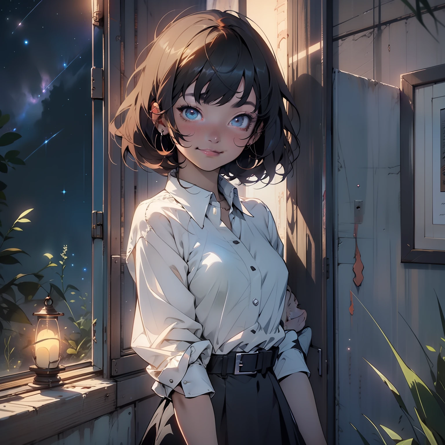HD, high quality, 4k, anime girl with short dark hair, brown eye, dark shadows beneath eyes, long white shirt and black skirt is watching stars through the window, night, sad smile, starry sky on the background, a little bit depressed