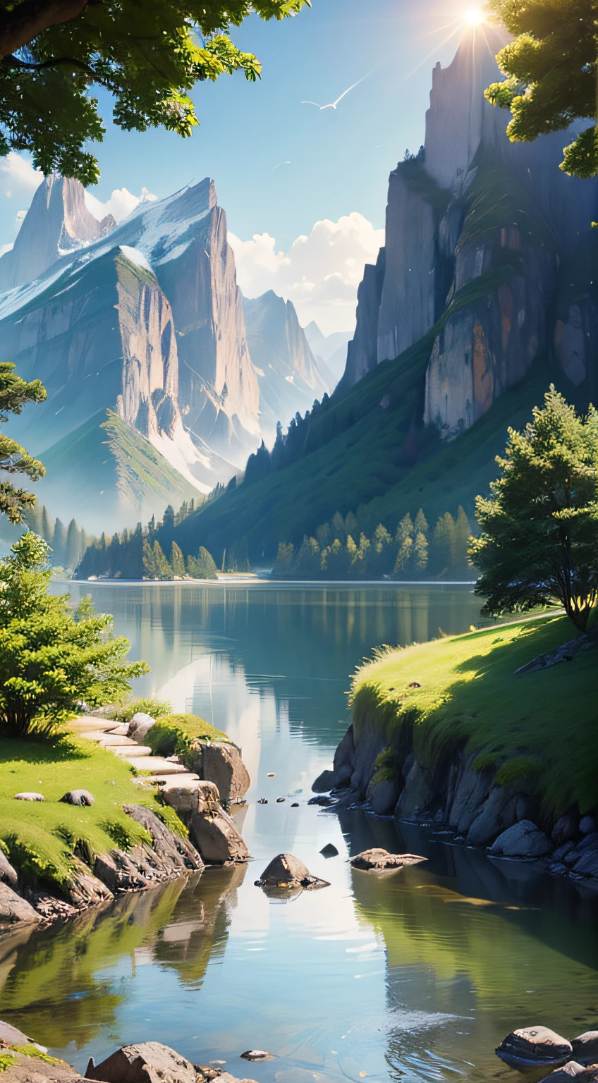 magine a tranquil landscape, with the presence of water, such as a serene lake or a calm river. The sun glows softly, creating golden reflections on the surface of the water. The landscape itself is stunning, with towering mountains in the background and lush green trees on the banks. In this scene, you can feel God's presence in many ways. First, water itself symbolizes life and renewal, as a source of purification and refreshment. It represents the presence of God, who offers comfort and restoration to our weary souls. The natural beauty of the landscape is also a testimony to the divine presence. The harmony of colors, the serenity of the environment, and the perfection of creation remind us of God's wisdom and goodness. This landscape invites you to contemplate the greatness and majesty of God, feeling small before his magnificence. In addition, the tranquility and serenity of the landscape provide an environment conducive to communion with God. You can feel His presence through comforting silence and peaceful surroundings. It is a reminder that God is always present, even in the calmest and quietest situations. In this watery landscape, God's presence is palpable. It is a scene that invites you to connect with the divine, to find peace, and to strengthen your faith as you contemplate creation and reconnect with the Creator. --auto