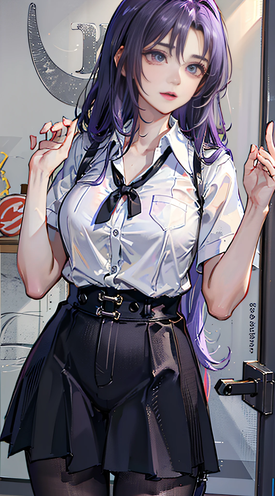 A cold female  high school student, (high cold expression), (arrogant expression), delicate close-up of facial features, high raised chest, plump chest, half-exposed chest (purple hair), ((lilac long hair)), flowing hair, goose egg shaped face white, bright atmosphere, ((painted with a faint eyeliner)), ((sharp eye close-up)), slender figure, (short-sleeved white shirt school uniform), (white short-sleeved button-down shirt), (long legs wearing black trousers are also straight and slender), Coupled with the unique youthful atmosphere of the girl, standing posture, school, (classroom door), classmates laughing in the classroom, (from the side), full body photos, panorama