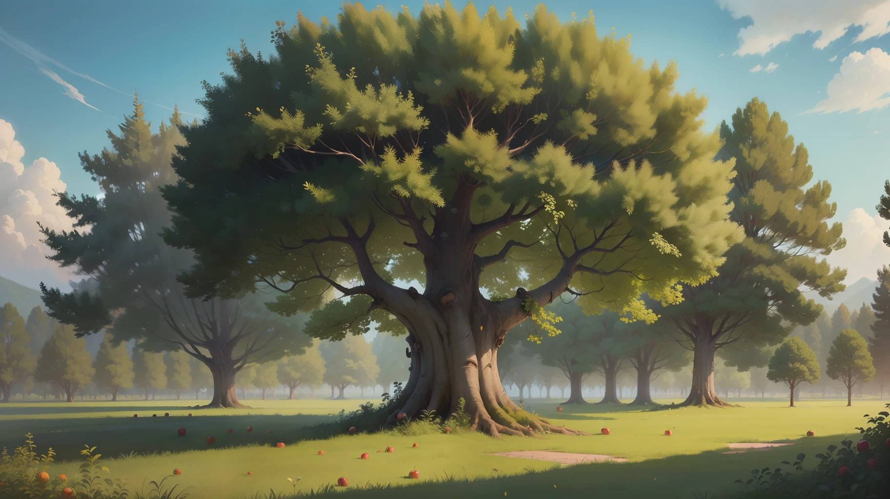 "(((Work of Art)))), best quality, incredibly detailed and beautiful illustration, in realistic painting style, in a dynamic and detailed perspective. Image theme: a majestic apple tree, with lush green leaves and juicy red fruits."
