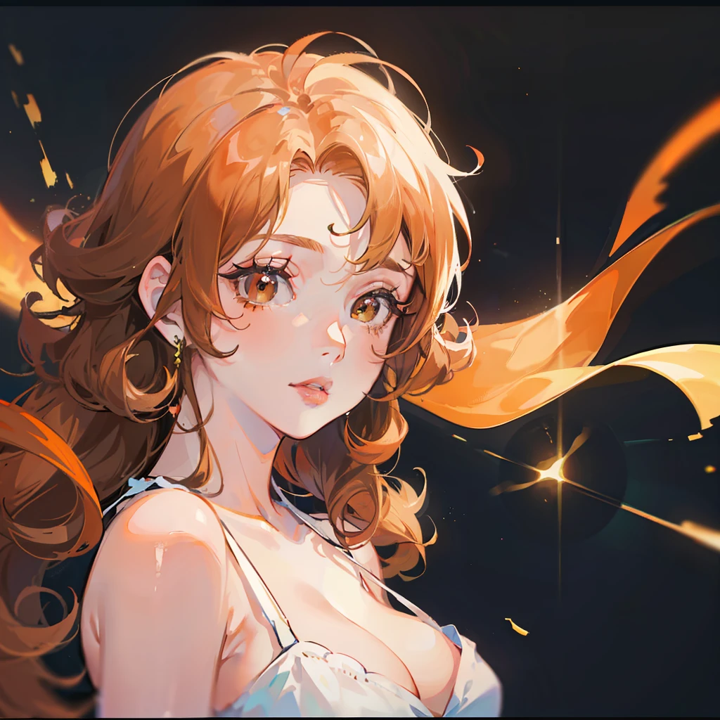 ((masterpiece)), ((best quality)), ((anime)), ((old effect)), ((90s anime)), girl, ((orange skin)), ((brown eyes) ), ((perfect)), eyebrow, nose, ear, mouth, lips, ((curly hair)), neck, shoulders, ((arms)), ((random background color)), lustful,