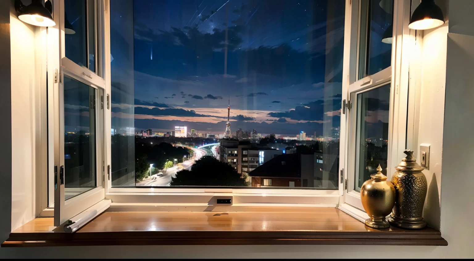 White window sill, windowsill, night landscape from window, beautiful windowsill view