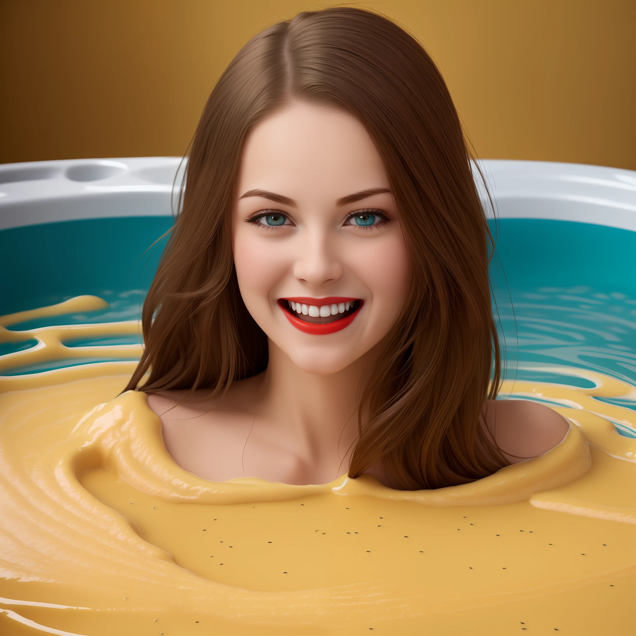 Photo realism, 8k, detailed, a hot tub full to the brim with yellow custard, thick yellow liquid fills the hot tub, a beautiful ???? woman is sitting in the hot tub, wearing a smart navy shirt, aged 22, pretty, perfect face, (make up, red lips), (dark brown hair, beautiful long brown hair, salon beautifully styled hair), ((laughing as large quantities of custard pours onto her head and hair)), she is engulfed in the thick yellow liquid