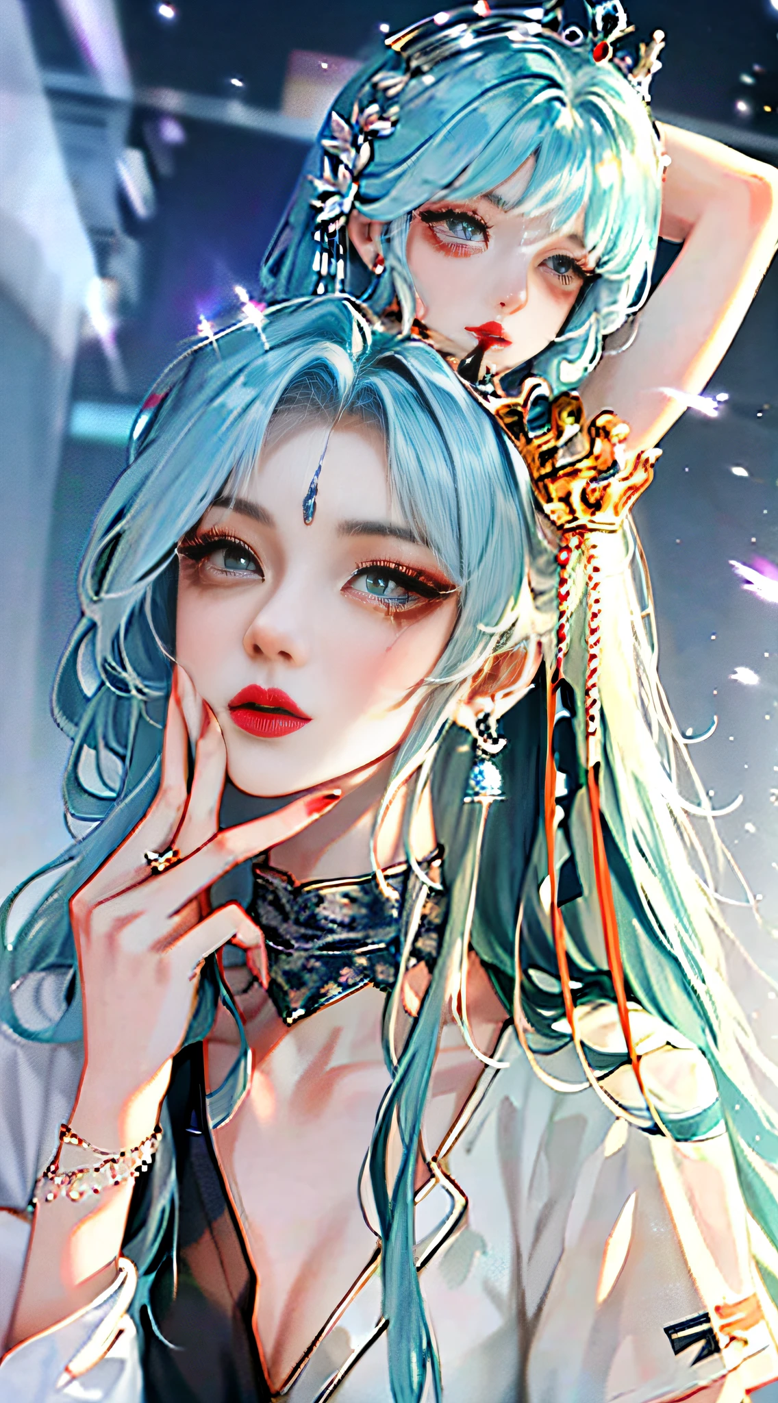 {avatar}, {extremely delicate girl}, CG 8k wallpaper, masterpiece, cold expression, handsome, mid-chest body, face the audience, fashion short skirt, cute t-shirt, rainbow-colored hair, gray eyes, beautiful and delicate eyes {{a black crosshairpin}}, handsome, glowing hair, dramatic angle, diamond crown, earrings,