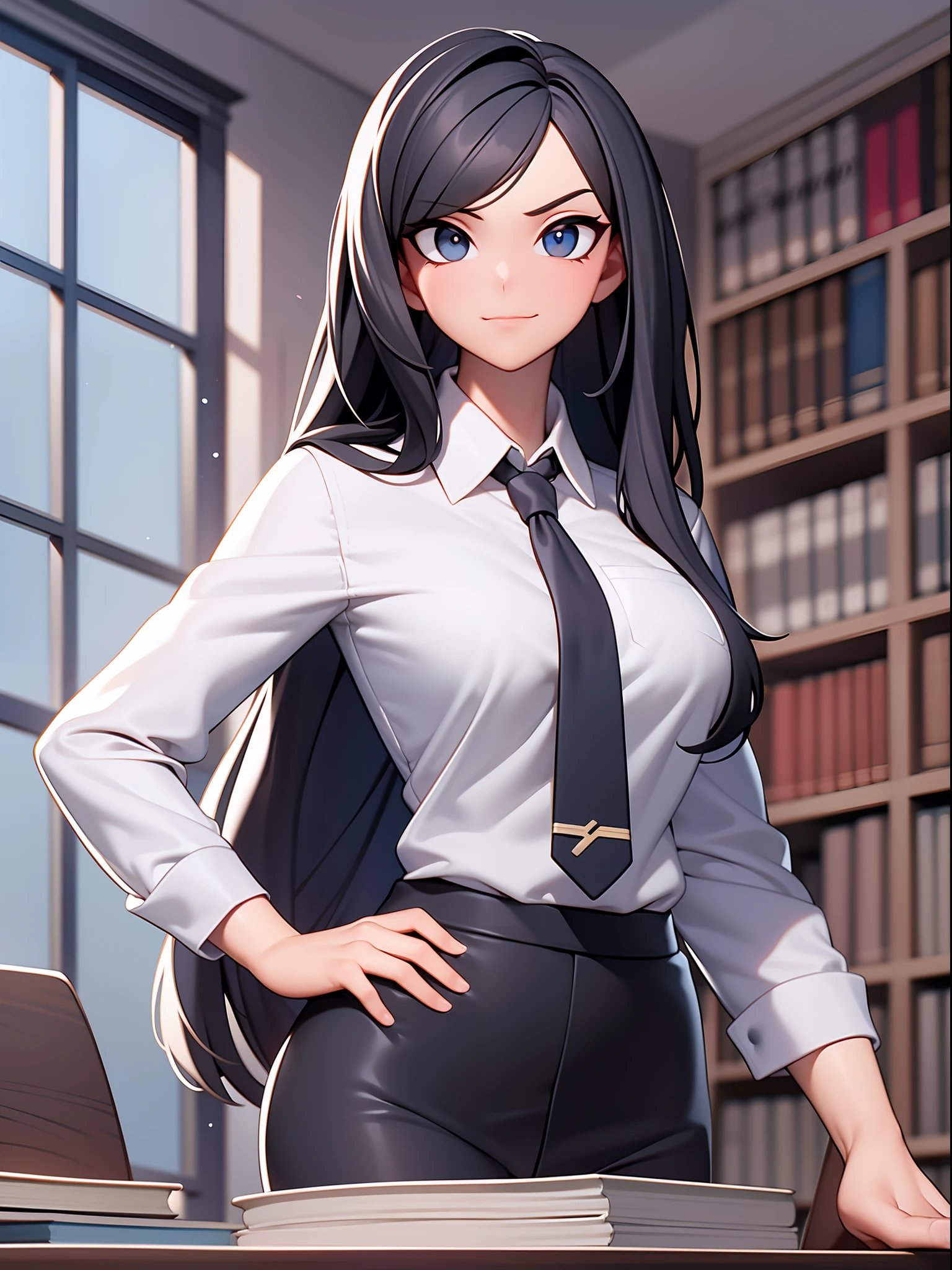 An elegant girl is wearing a flawless suit in a fancy office. Your suit fits perfectly to the body, in a classic color such as black, gray or navy blue. She wears a white button-down shirt and a refined tie that complements her attire. To add a distinctive touch, she sports a monocle in her right eye, giving it an air of mystery and sophistication. Her hair is combed elegantly and she maintains a confident posture as she works at her desk. The office is well lit and organized, with bookshelves full of books and a panoramic view of the city. The girl exudes professionalism and determination, ready to face any challenge that arises in her corporate environment.