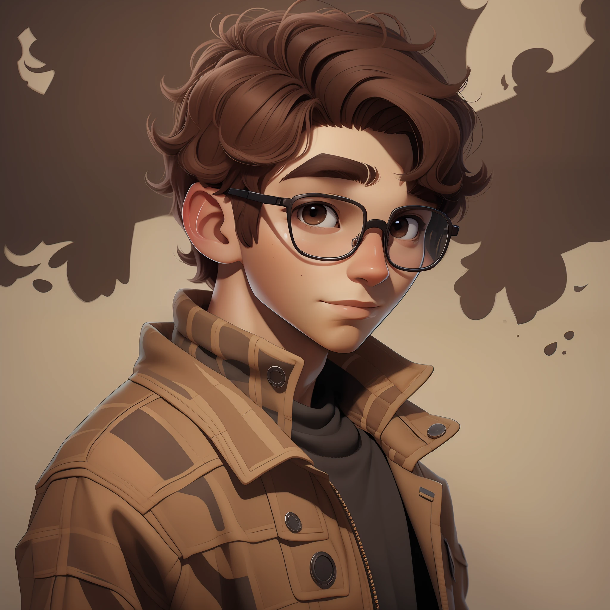 Visual character,hand-drawn and hand-painted comics,animation,cinematic,soft aesthetics with room for contrasts,use the color black in a reserved way,A young man wearing glasses and a brown jacket,about 18 years old,short wavy brown hair,brown eyes,3d animation.