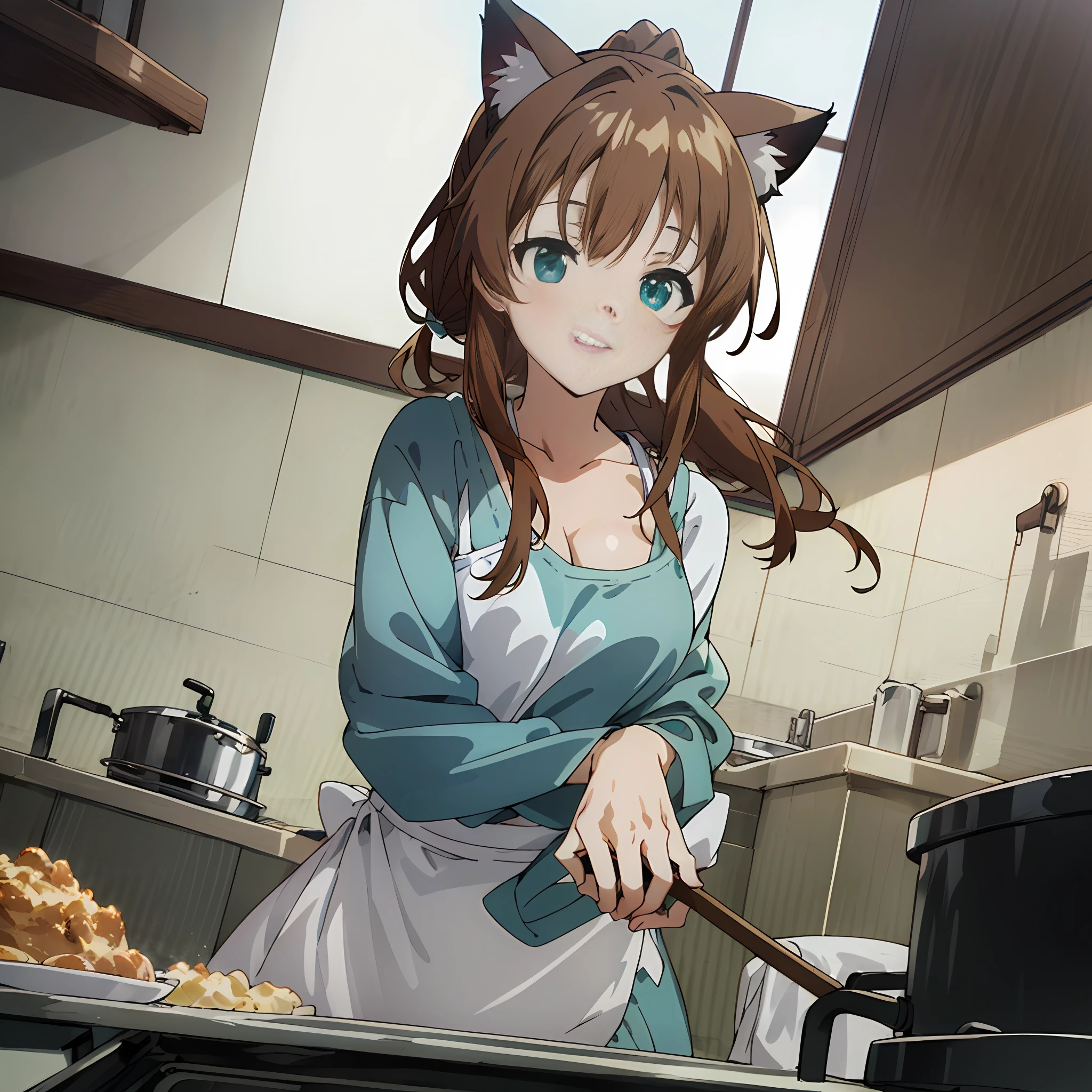 (Super detailed, high resolution, Kyoto animation style anime illustrations, highest quality official art featured: 1.6), beautiful face, eyes, highly detailed body, very detailed hair, nice hands, perfect hands, beautiful hands, (1 girl: 1.4), (Chibi: 0.8), (cute: 1.2), (cute: 1.2), (li: 0.5), one girl, cat ears, (big, Looks large cleavage, brown hair, semi-long hair with trimmed hair, Long sleeves, looks good: 1.5), (Girl who cooks with a tickin, : 1.4), (Dynamic angle, look away, upper body, sports bra, apron, cotton panties: 1.2), (light smile, 17brown hair, ponytail, cat ears, aqua eyes, slender girls), (3 Japan apartment, daylight, rest, indoor, kitchen, stove, sink, shelf, from above
, ((looking down)), ((looking away)), closed mouth, cooking, lunbh on table,