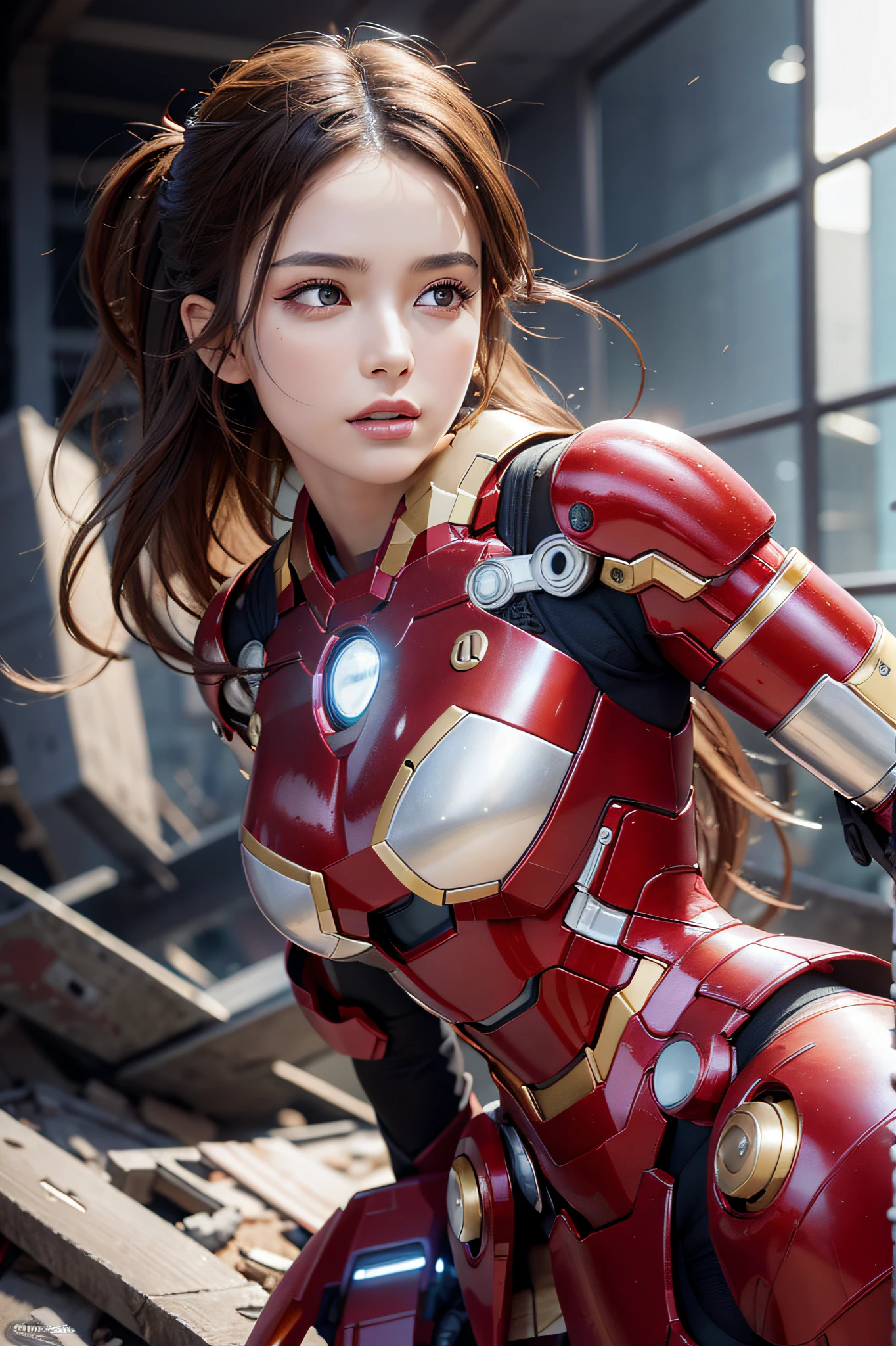 (1girl:1.3), solo,body parts , official art, unity 8k wallpaper, extremely detailed, beautiful and aesthetic, beautiful, masterpiece, best quality, RAW, masterpiece, super beautiful photos, best quality , 12k super high resolution, realistic photo , sunlight, full body portrait, amazing beauty, dynamic posture, delicate face, glowing eyes, (side view), she is wearing a futuristic Iron Man machine, red and gold color, 12k highly detailed abandoned city background, detailed face, busy complex detailed background, messy, gorgeous, milky color, skin highly detailed, realistic skin details, visible pores, sharp focus, volumetric fog, 8k uhd, dslr camera, high quality, film grain, white skin, photoism realistic, lomography, urban sprawl in a futuristic perspective, seen from below, blurred