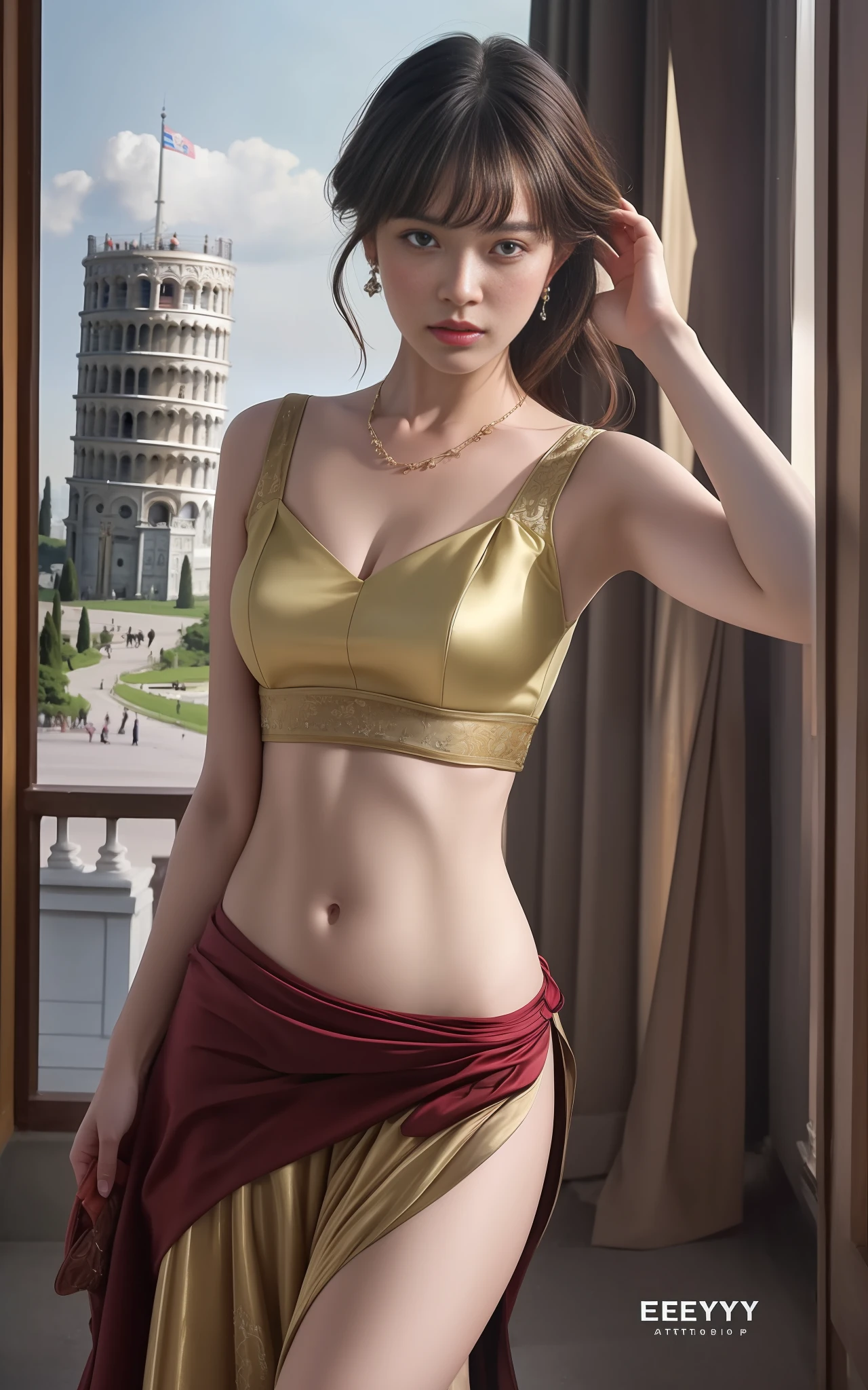 modelshoot style, (extremely detailed CG unity 8k wallpaper),full shot body photo of the most beautiful artwork in the world, stunningly beautiful photo realistic cute women intricately detailed costume, navel,princess eyes,(Leaning Tower Of Pisa background), professional majestic oil painting by Ed Blinkey, Atey Ghailan, Studio Ghibli, by Jeremy Mann, Greg Manchess, Antonio Moro, trending on ArtStation, trending on CGSociety, Intricate, High Detail, Sharp focus, dramatic, photorealistic painting art by midjourney and greg rutkowski