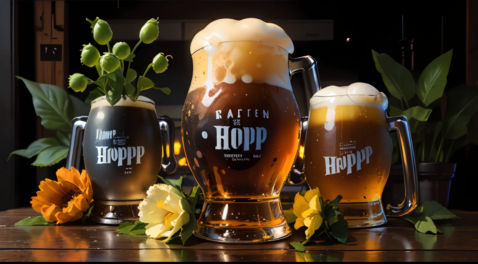Masterpiece, best quality, super detailed, illustration, Various kinds of beer mugs on a rustic table, detailed, ((craft beer)), glasses of various kinds, ((craft brewery)), black, red, silver, metal, hops, ((barley))((hop flowers)), water
