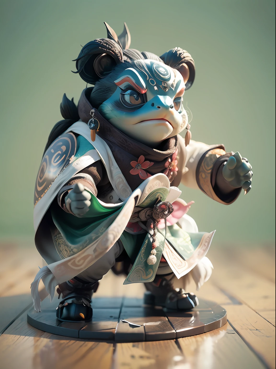 full body, chibi, front, fashion toy, paobaotang style, ancient chinese mythological turtle , black and white color scheme, kung fu turtle, chivalrous panda with forest, dark green forest, trend, cool, model, blind box toy, ip, pop bazaar, shiny material, shiny, simple premium color scheme, white clean background, 3D, octane, best quality, C4D, OC effect, pinterest, super detail