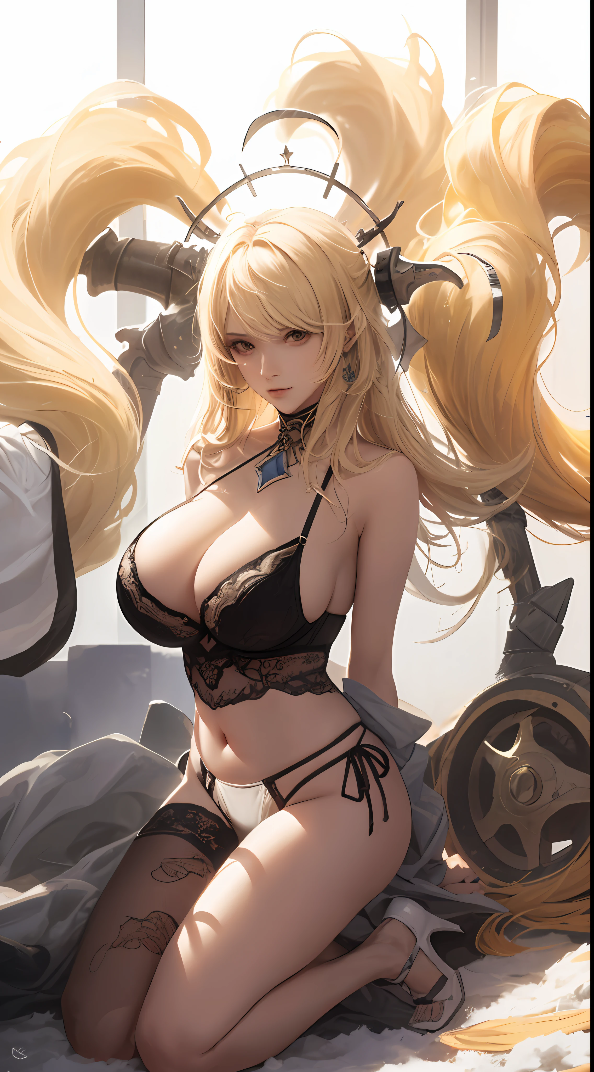 Anime girl with long blonde hair, (perfect body 1.5), (huge breasts 1.5), (huge cleavage 1.5), (exposed breasts), (sheer lingerie), breasts larger than the torso, crazy swollen breasts, ill-fitting clothes, snow-white skin, style art germ, extremely detailed art germ, IG model, (best quality), super detailed, super realistic, Octane renderer, high dynamic range, (HDR), 32K resolution, super resolution, megapixels, tyndall effect, Lens flares, shadows, backlighting, depth of field, natural lighting, hard focus, film grain, mirror hologram, ray tracing,
