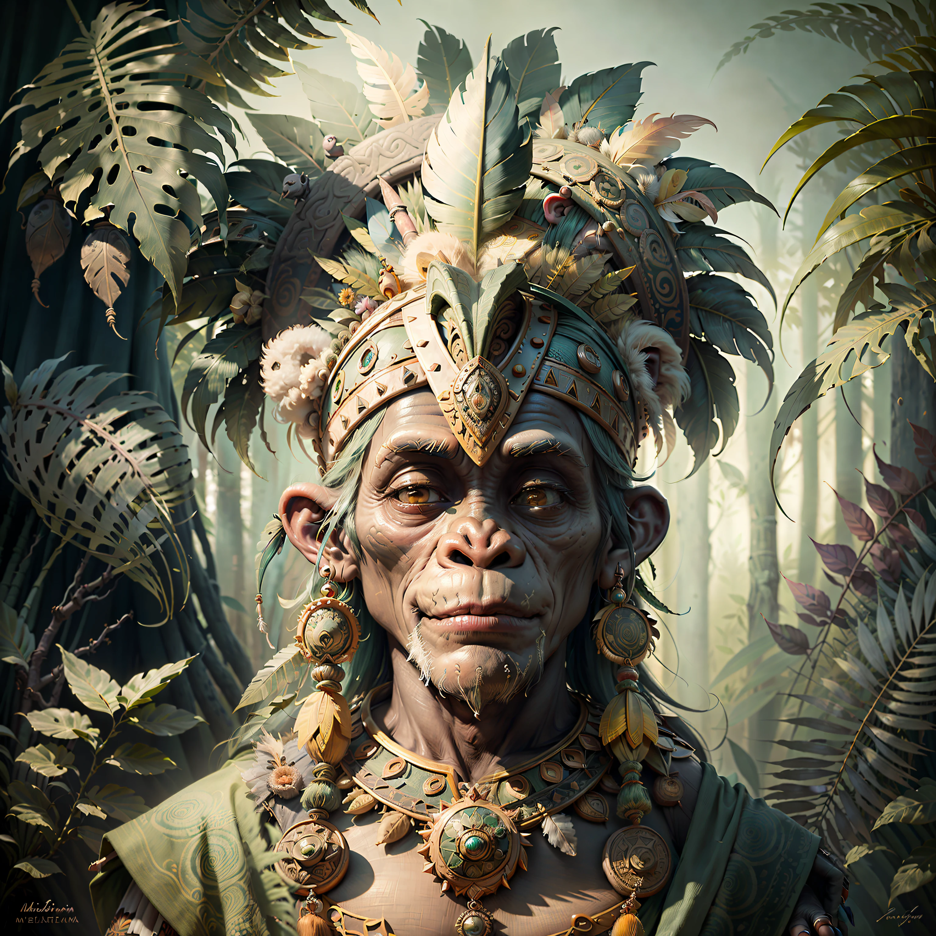 Cheerful Chimpanzee Head ((Shaman)),((meditative state),,Shaman, elegant chimpanzee, hair with details, with Indian headdress on head, ((meditating)) many colorful feathers, colored feathers, facing the camera, detail: dense tropical foliage, highly detailed intricate, ((masterpiece)), ultra hyperrealistic, masterpiece
