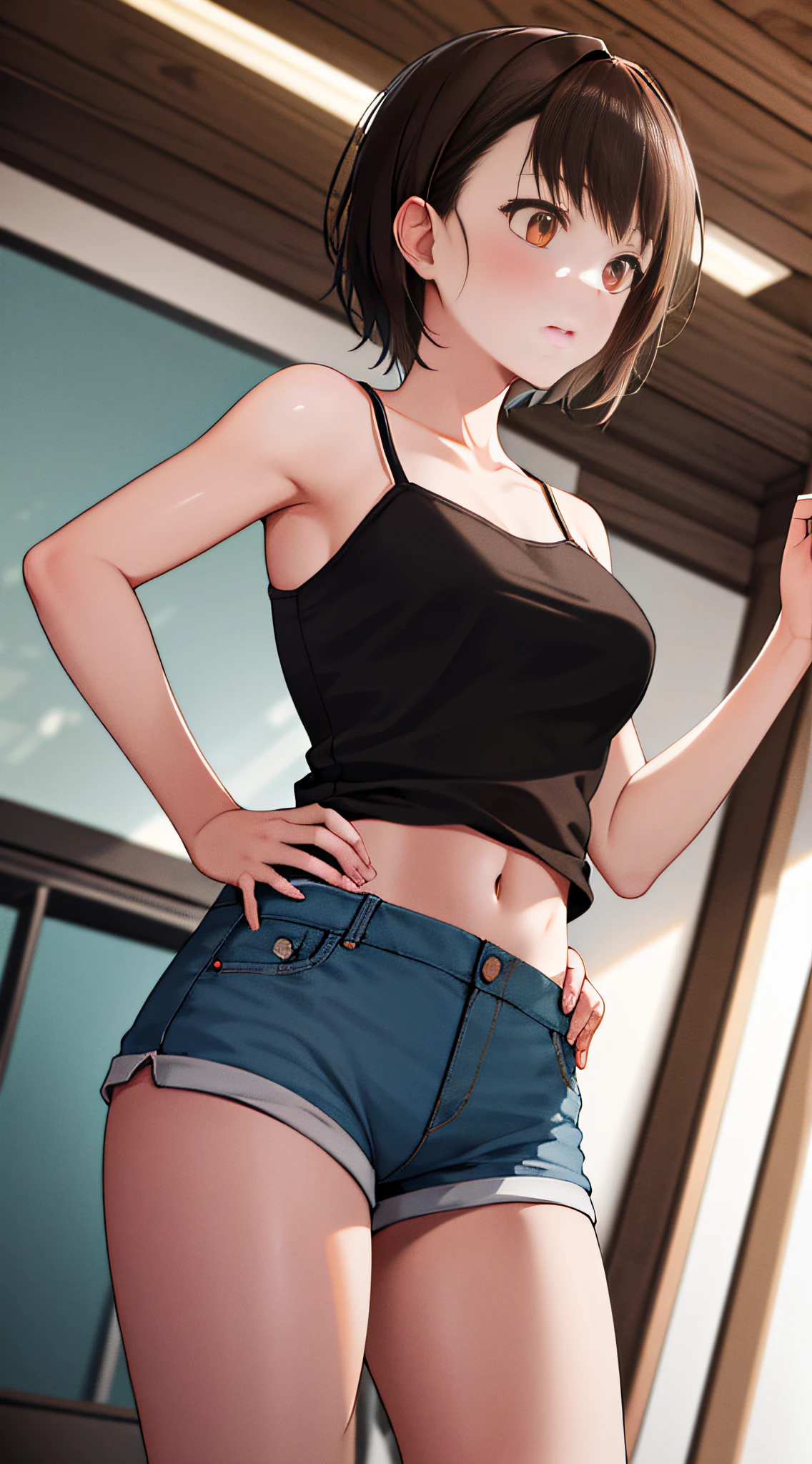 masterpiece, best quality, highres, ondr, 1girl, white camisole, midriff, short shorts,