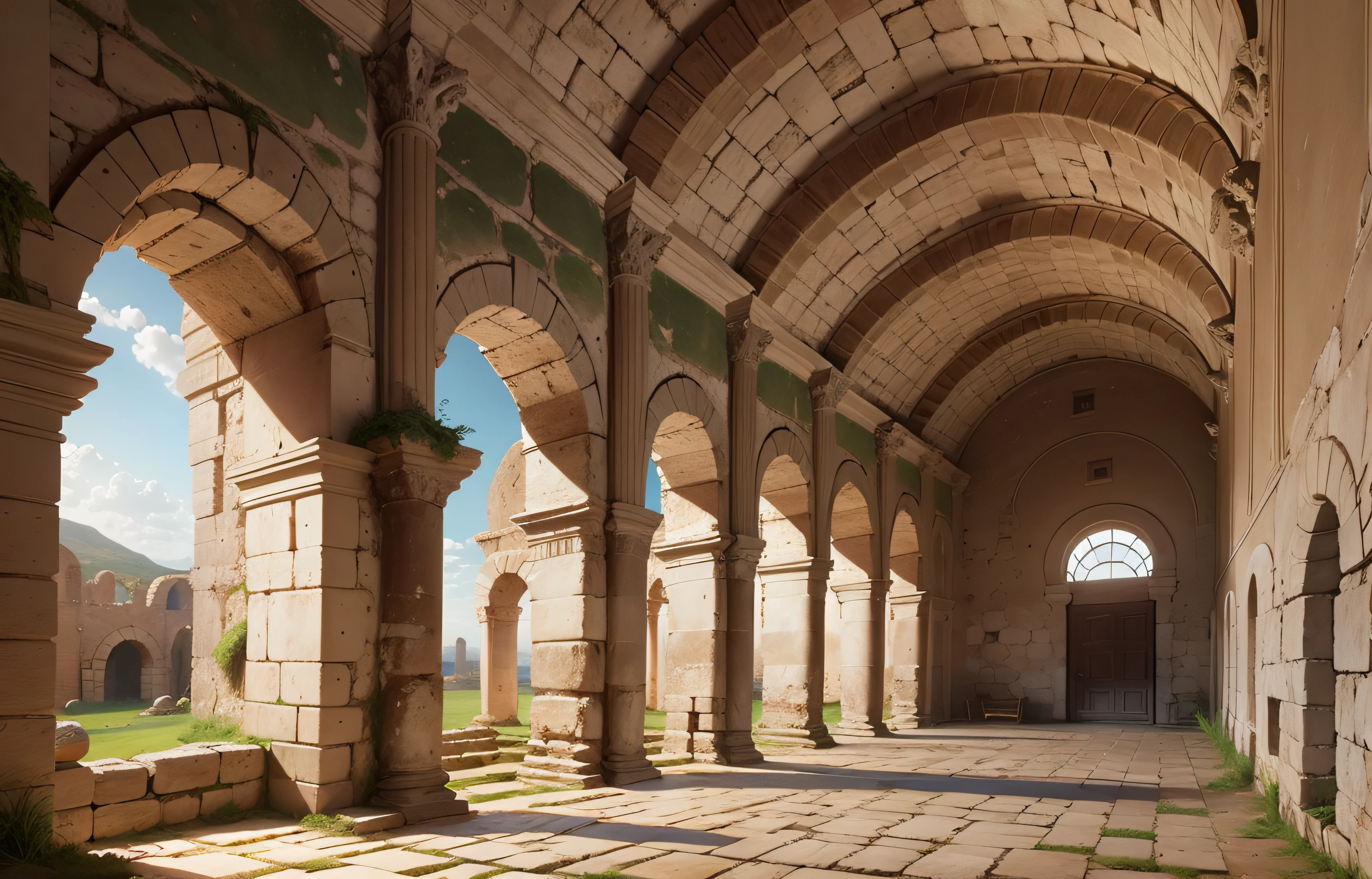 Four ancient Roman arches, ruins as scenery, room of ancient Roman house, period before Christ