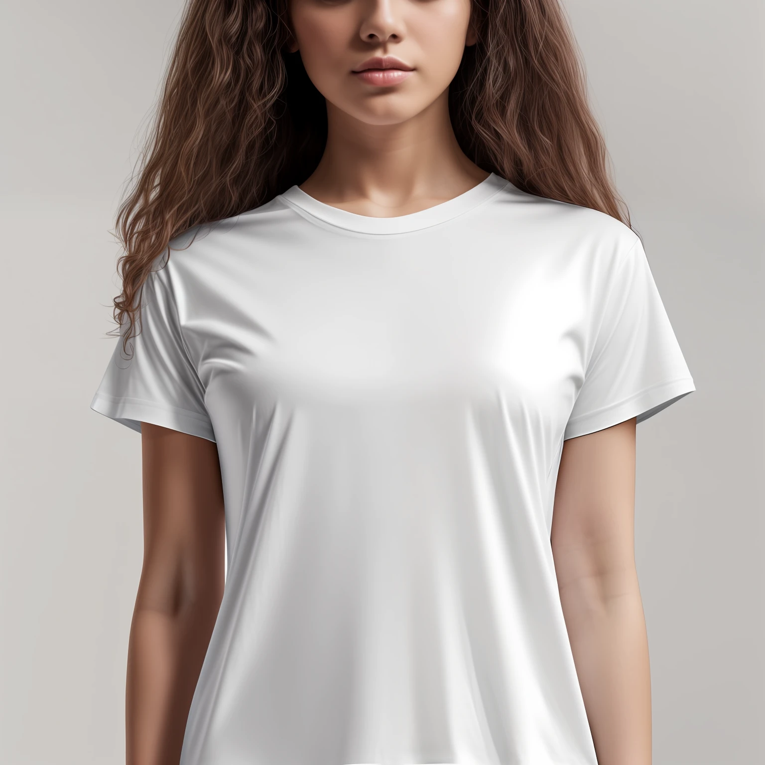 Pov Expansion, Photo Model, Tshirt Model, (((closeup tshirt)), White Tshirt((without print)), ((without stamp)), Front view, ((HalfBody)), ((centralized)), 1 woman, film grain, dslr RAW photo, realism.