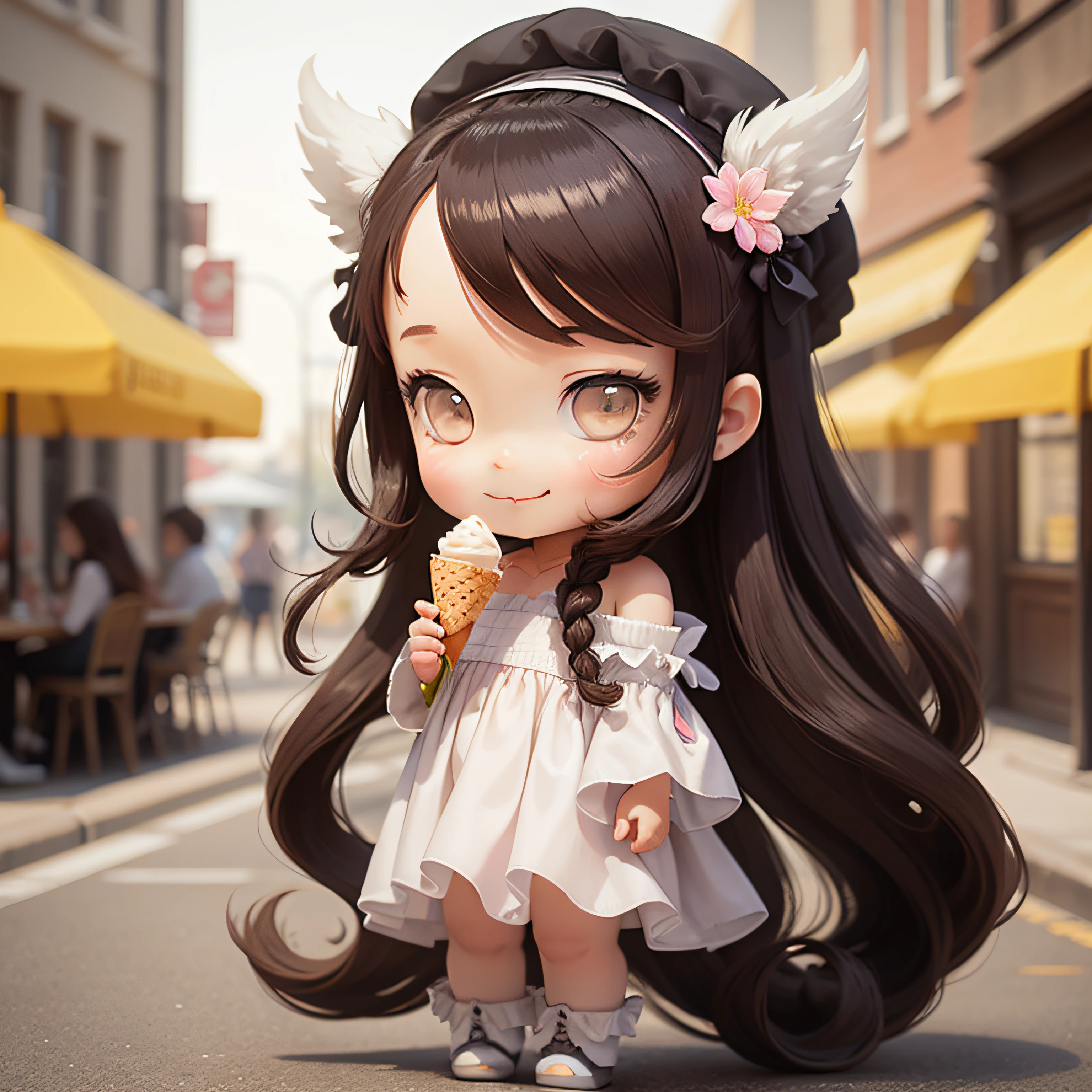 (Masterpiece), (Best Quality), (Ultra Detailed), (Full Body: 1.2), Chibi, Cute, Morning Light, White Background, Holding Ice Cream Cone, Front View, Bokeh, Supersaturated, Color Contrast: 1.1, Surreal, Digital Art, Art Station, 1 Girl, Smile, Brown Wavy Long Hair, Brown Eyes, White Dress with Ruffles, Off-the-Shoulders, Blush, (Beautiful Detailed Face)