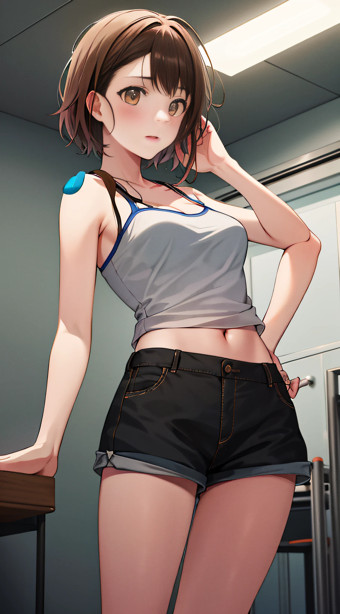 masterpiece, best quality, highres, ondr, 1girl, white camisole, midriff, short shorts,