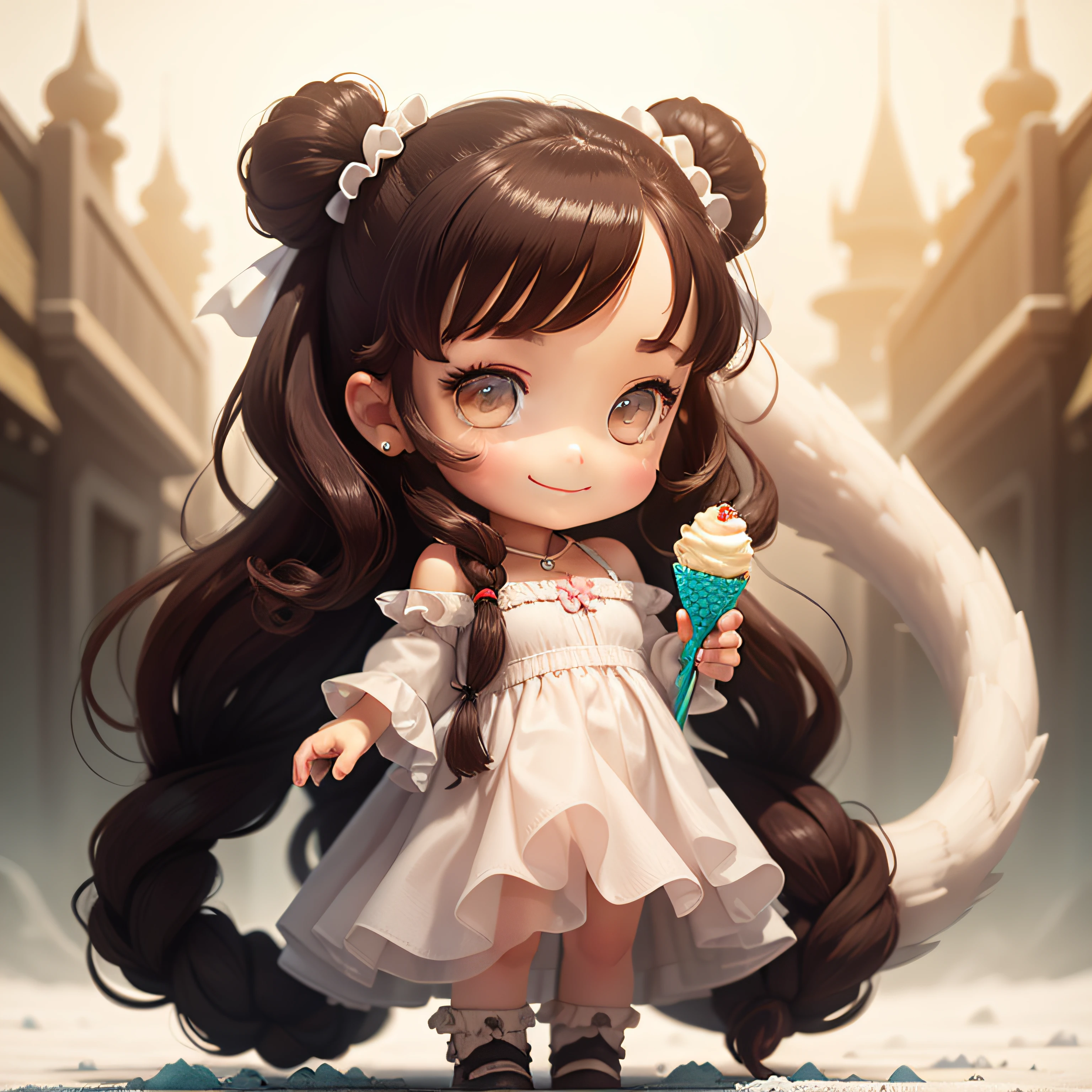 (Masterpiece), (Best Quality), (Ultra Detailed), (Full Body: 1.2), Chibi, Cute, Morning Light, White Background, Holding Ice Cream Cone, Front View, Bokeh, Supersaturated, Color Contrast: 1.1, Surreal, Digital Art, Art Station, 1 Girl, Smile, Brown Wavy Long Hair, Brown Eyes, White Dress with Ruffles, Off-the-Shoulders, Blush, (Beautiful Detailed Face)